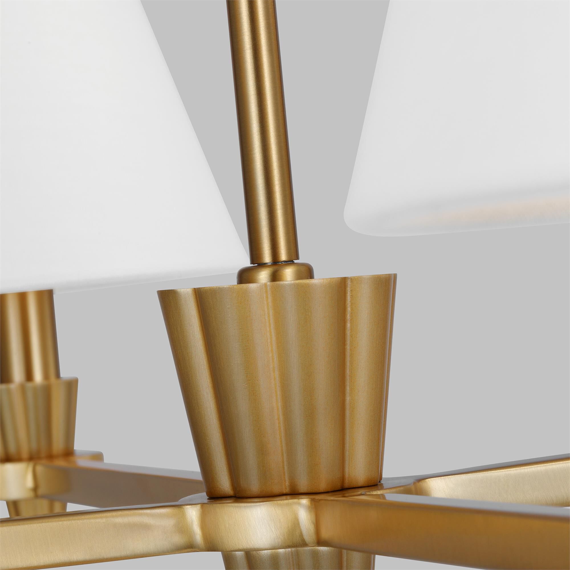 Shown in Burnished Brass finish and White Linen Fabric s shade