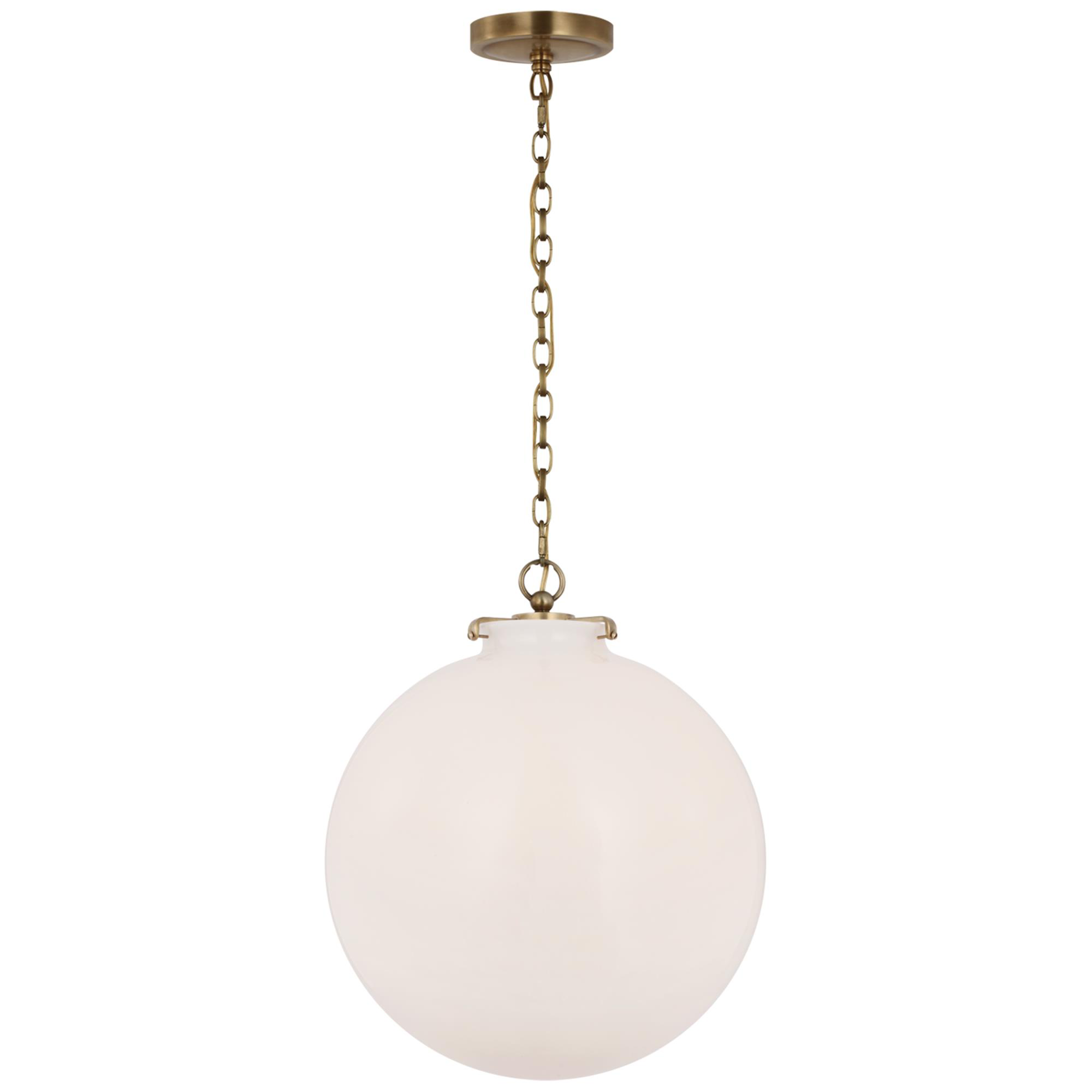 Shown in Hand-Rubbed Antique Brass finish and White glass