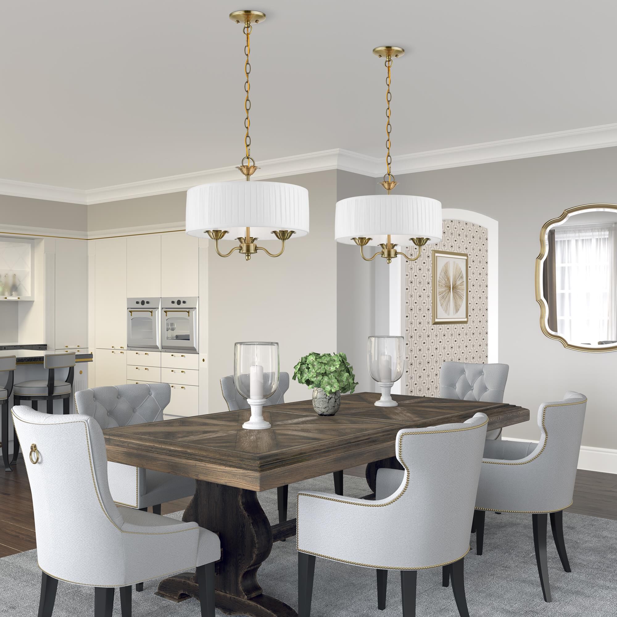 Shown in Antique Brass finish and Off-White Fabric Hardback with White Fabric Inside shade