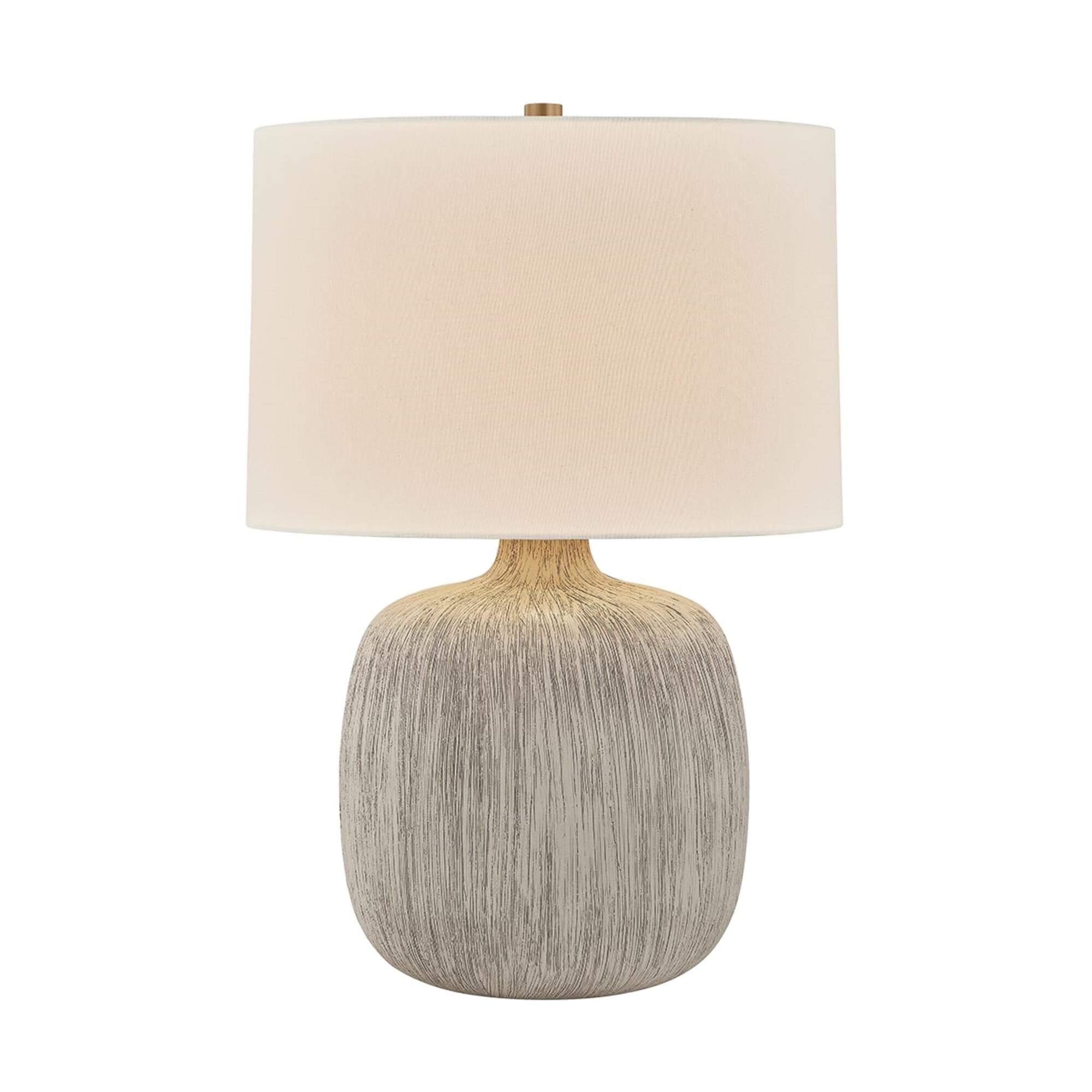 Shown in Patina Brass finish and Off White Linen shade