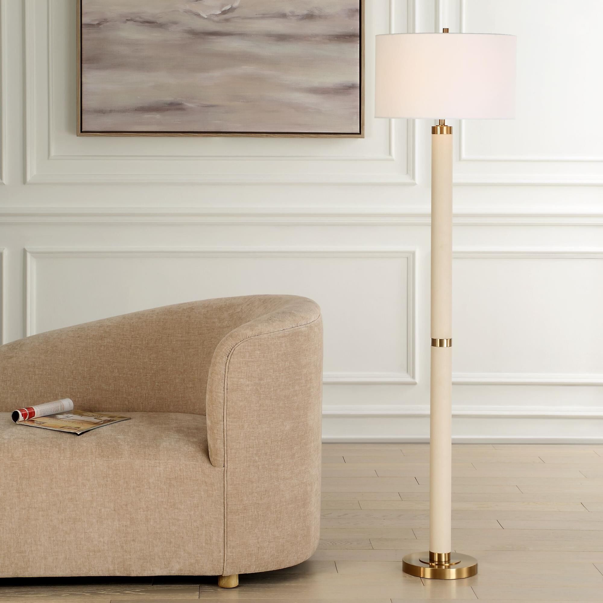 Shown in Brass, Gold and White finish and Round Hardback shade