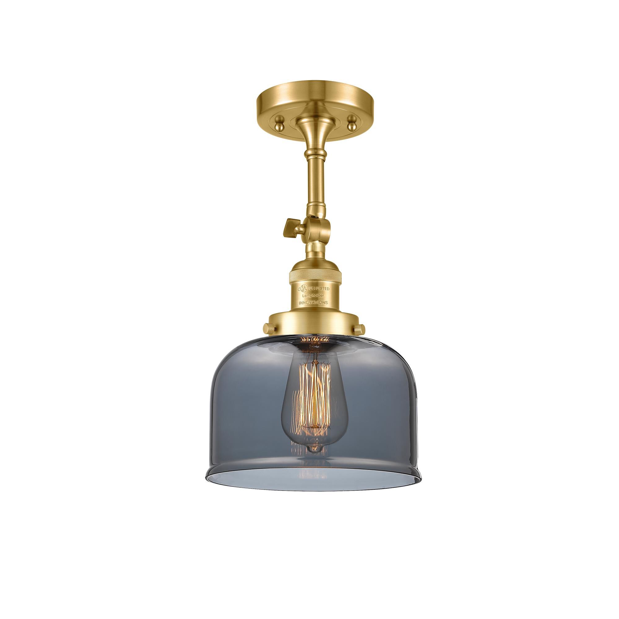 Shown in Satin Gold finish and Plated Smoke Large Bell glass