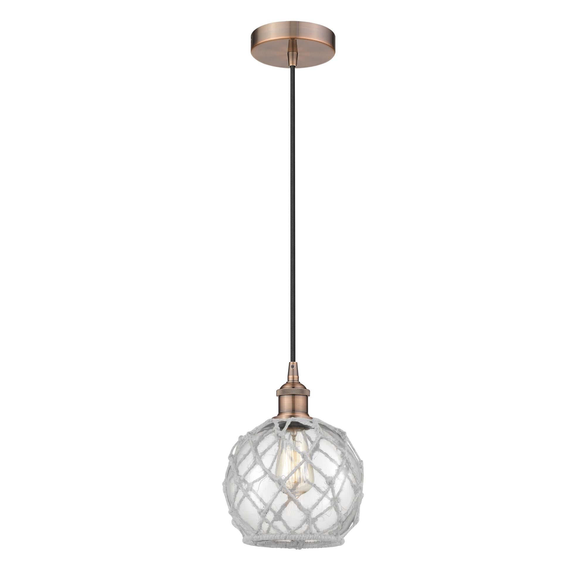 Shown in Antique Copper finish and Clear Farmhouse  With White Rope glass