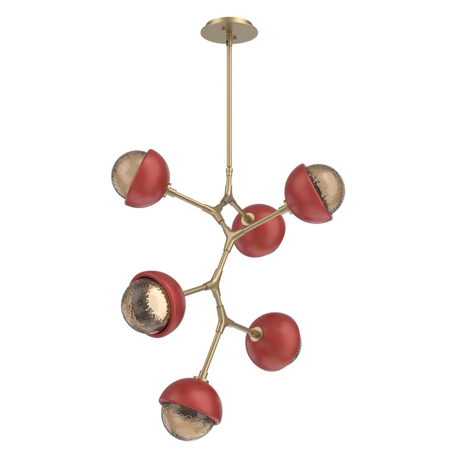 Shown in Gilded Brass finish and Bronze glass and Cinnamon Red accent