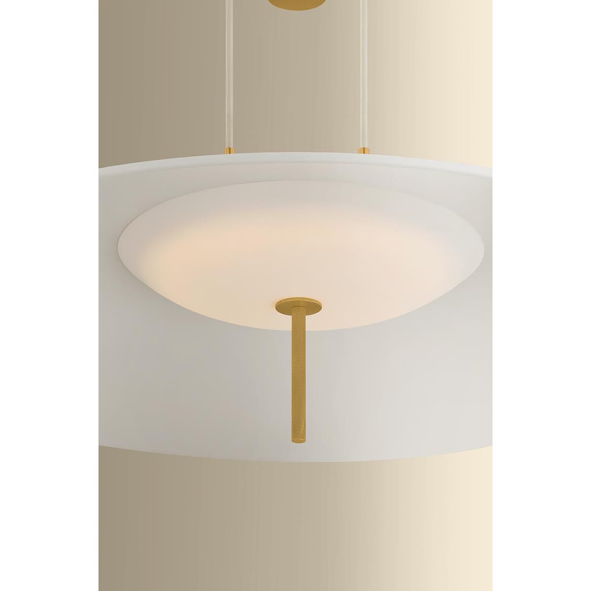 Shown in Aged Brass and Soft White finish and White Diffuser shade