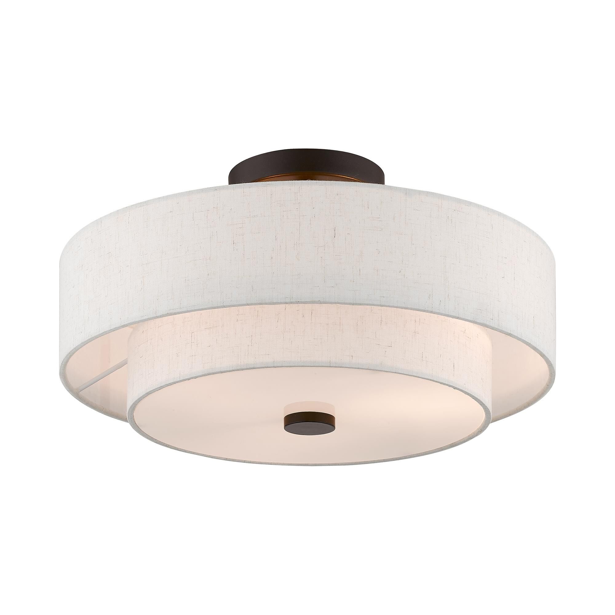 Shown in English Bronze finish and Hand Crafted Oatmeal Color Fabric Outside & White Fabric Inside Hardback shade