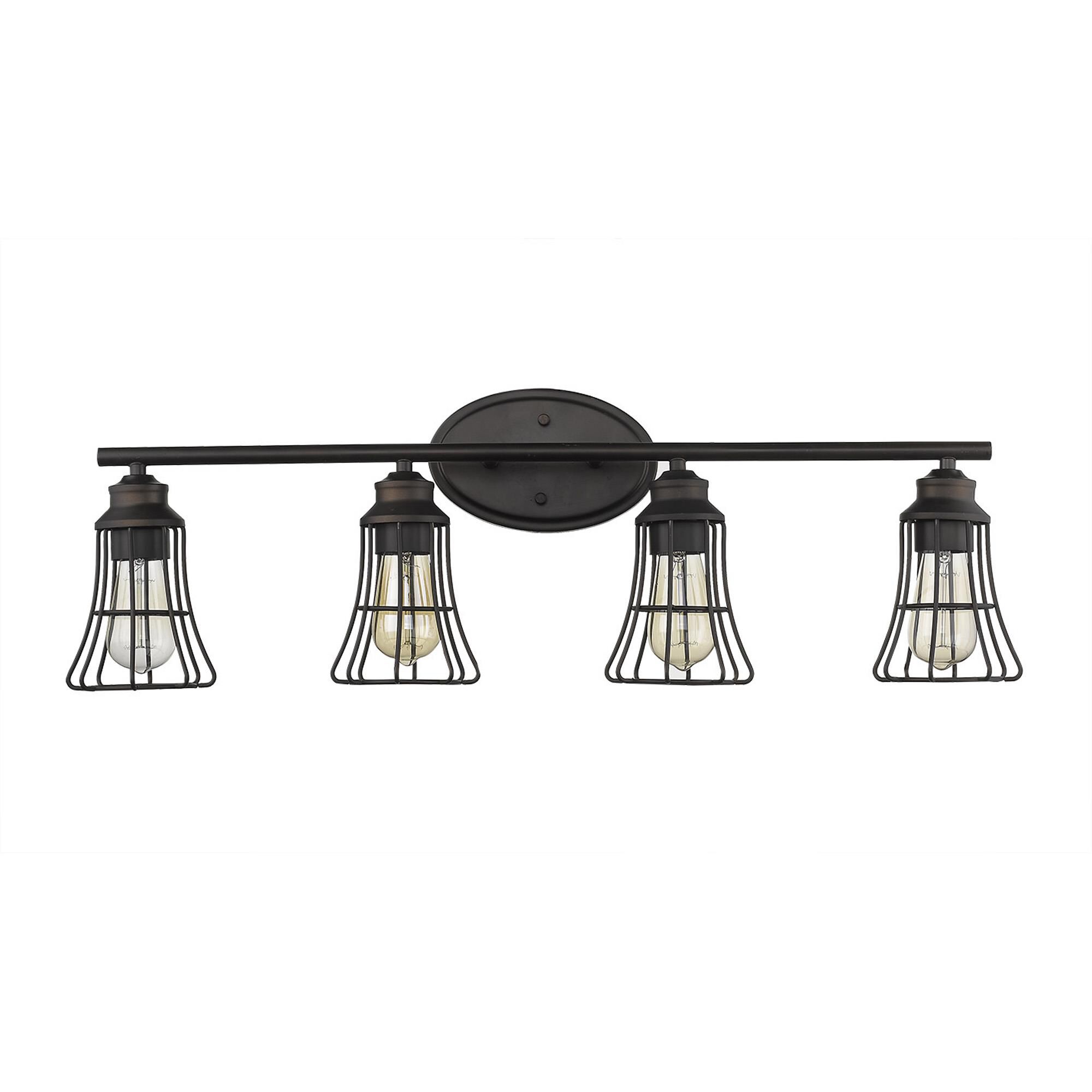 Shown in Oil-Rubbed Bronze finish and Oil-Rubbed Bronze glass and Oil-Rubbed Bronze, Geometric Metal Cage s shade