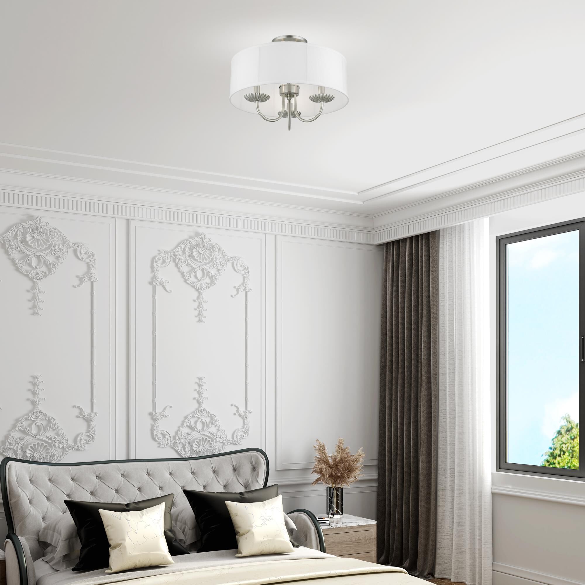 Shown in Brushed Nickel finish and Off-White Fabric Hardback with White Fabric Inside shade