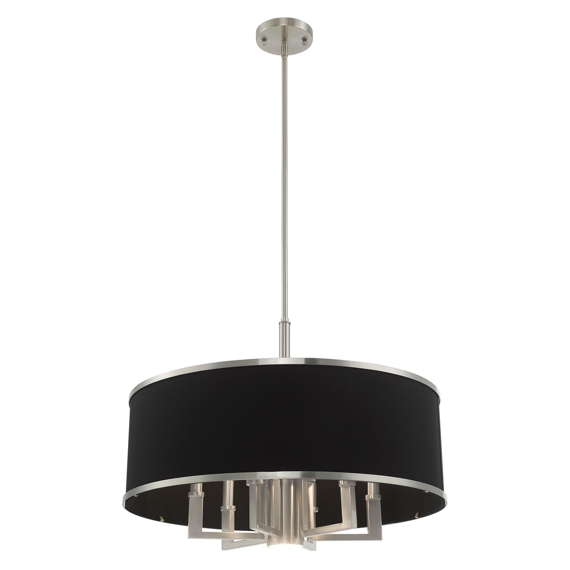 Shown in Brushed Nickel finish and Hand Crafted Black Fabric Hardback shade