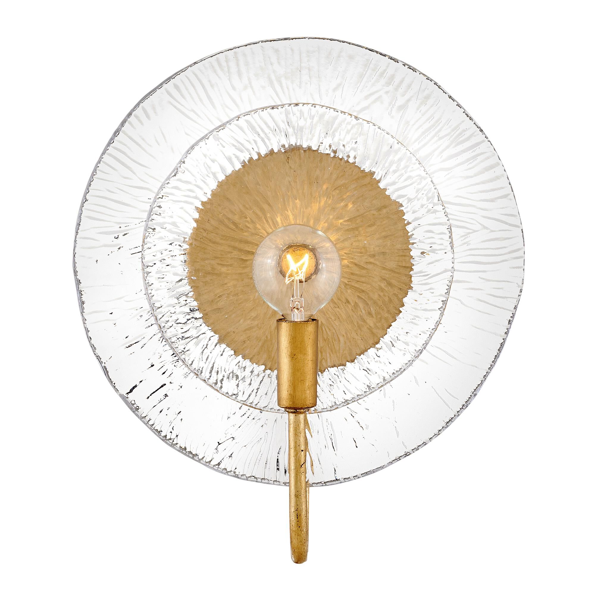 Shown in Distressed Brass finish and Clear Pressed glass