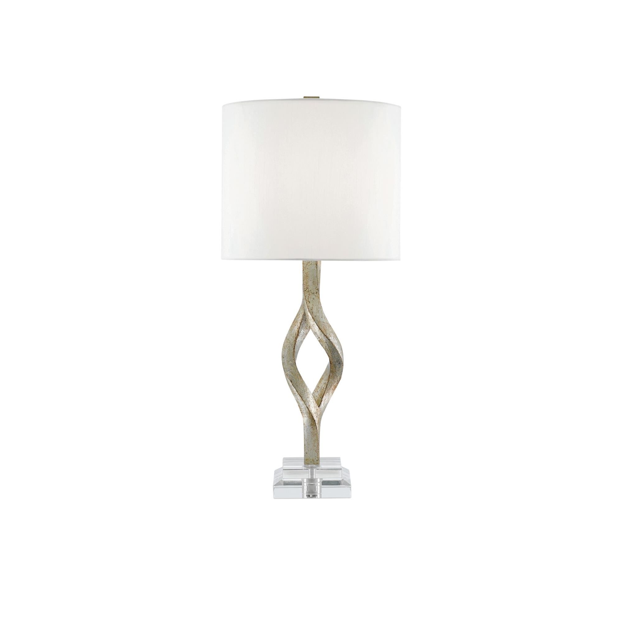 Shown in Chinois Silver Leaf-Clear finish and Off White Shantung shade