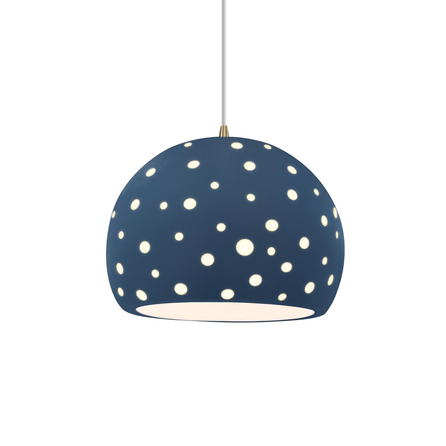 Shown in Antique Brass finish and Midnight Sky shade