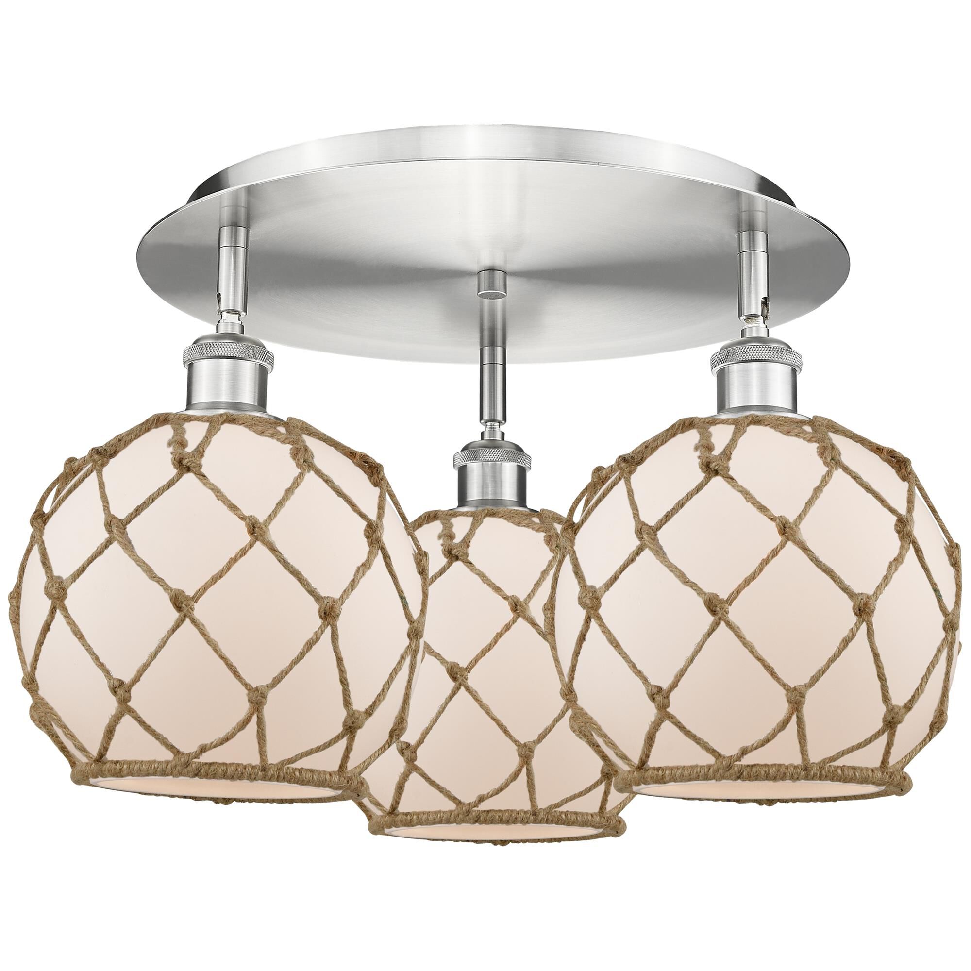 Shown in Satin Nickel finish and White with Brown Rope glass