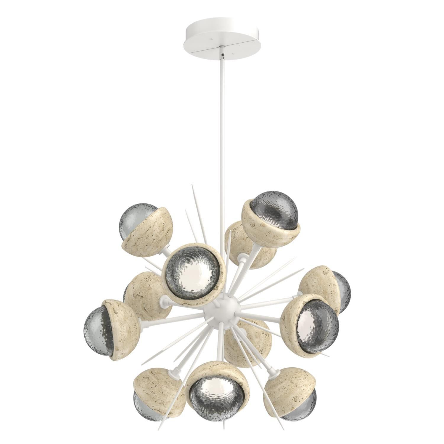 Shown in Salt White finish and Smoke glass and Travertine Stone accent