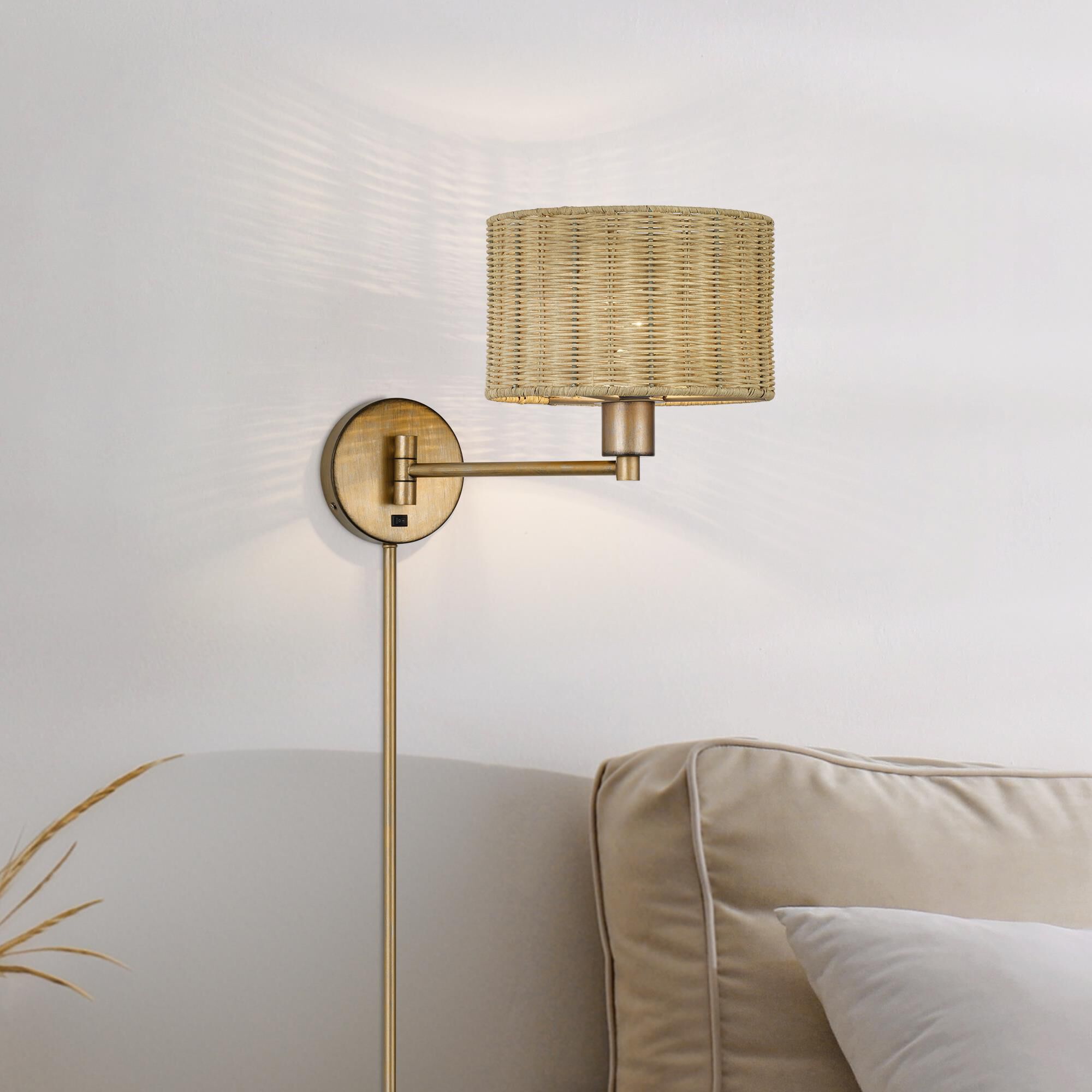 Shown in Antique Gold Leaf finish and Hand-Woven Rustic Walnut Color Rattan shade