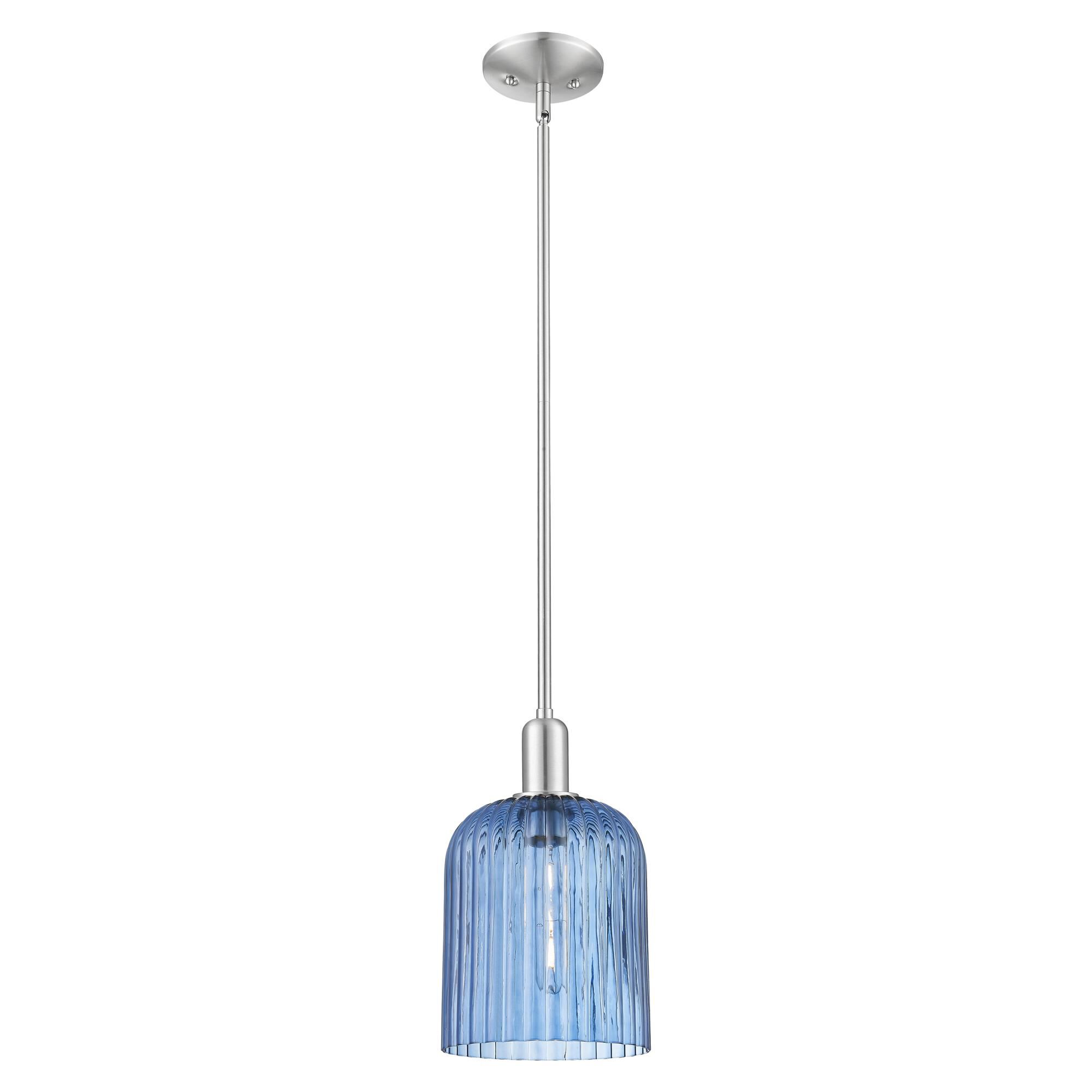 Shown in Brushed Satin Nickel finish and Blue glass