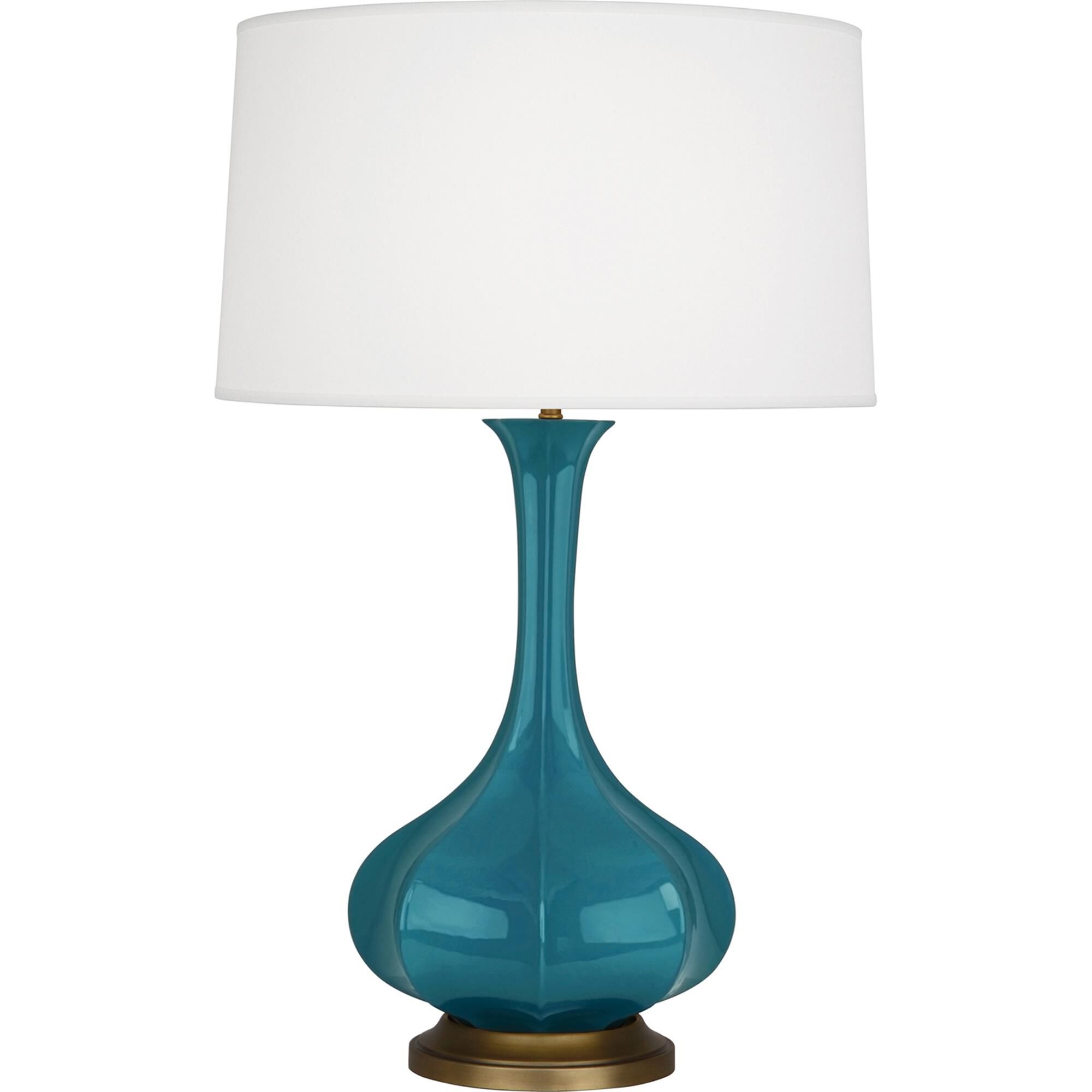 Shown in Peacock Glazed Ceramic With Aged Brass Accents finish and Pearl Dupoini Fabric shade