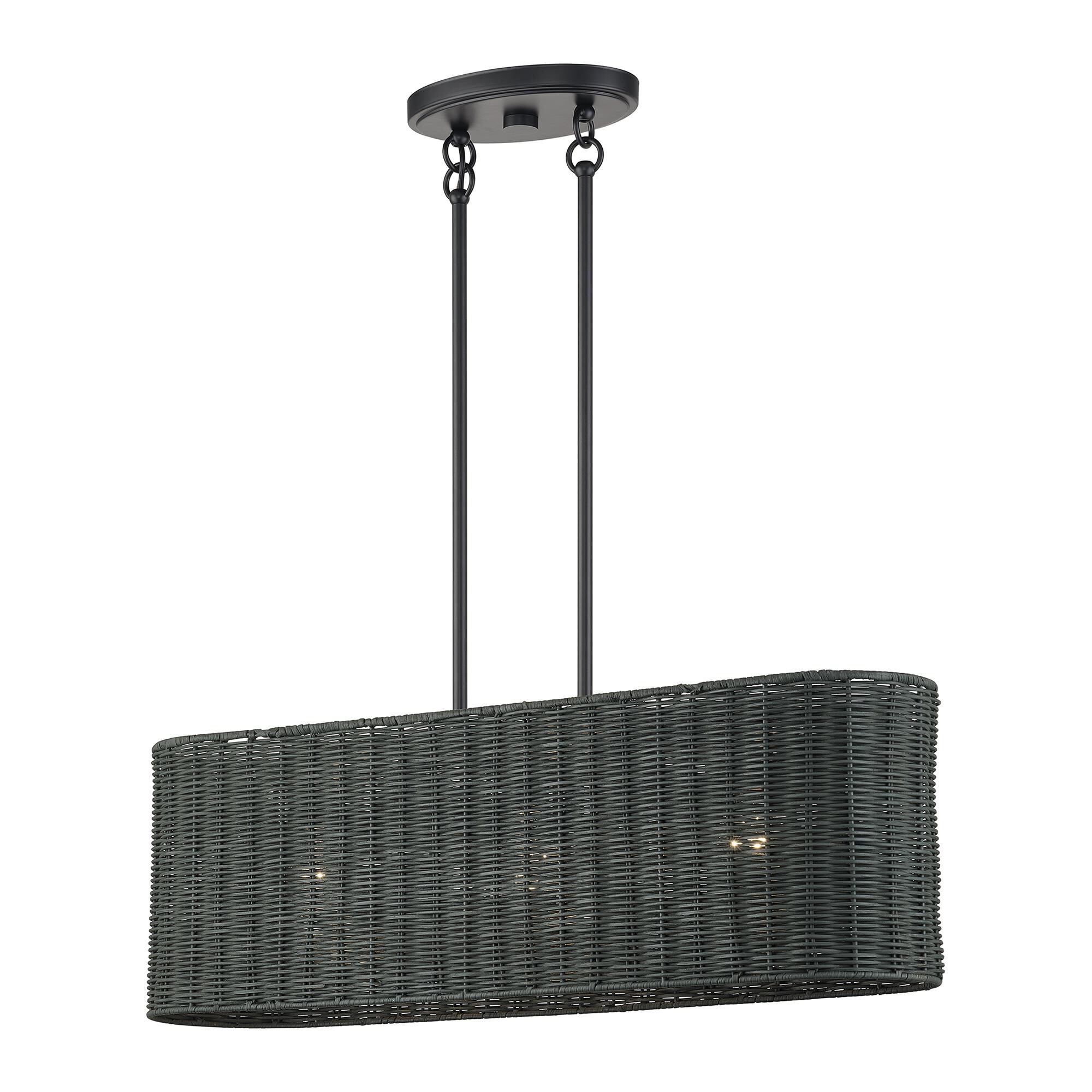 Shown in Black finish and Hand-Woven Charred Gray Color Rattan shade