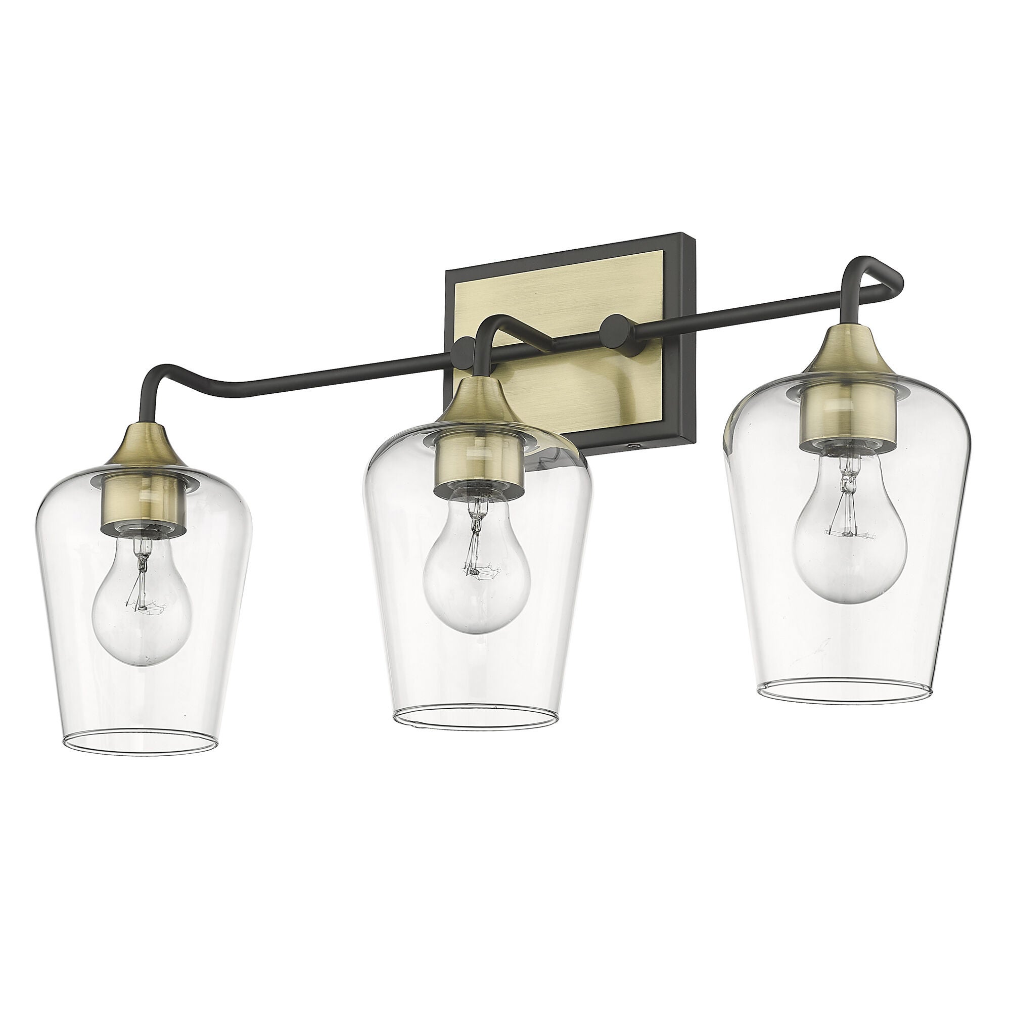 Shown in Antique Brass And Black finish and Clear Glass shade