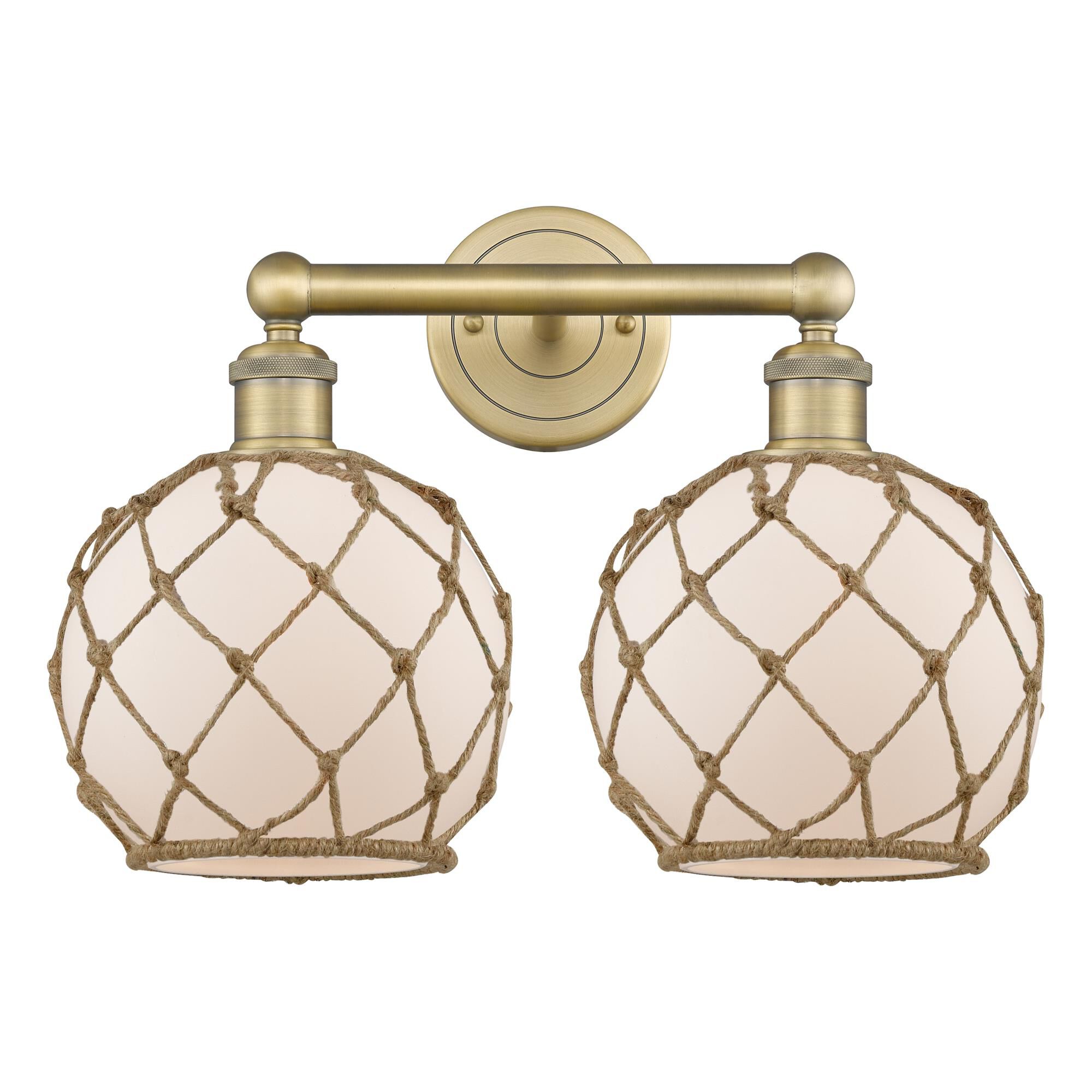 Shown in Brushed Brass finish and White with Brown Rope glass
