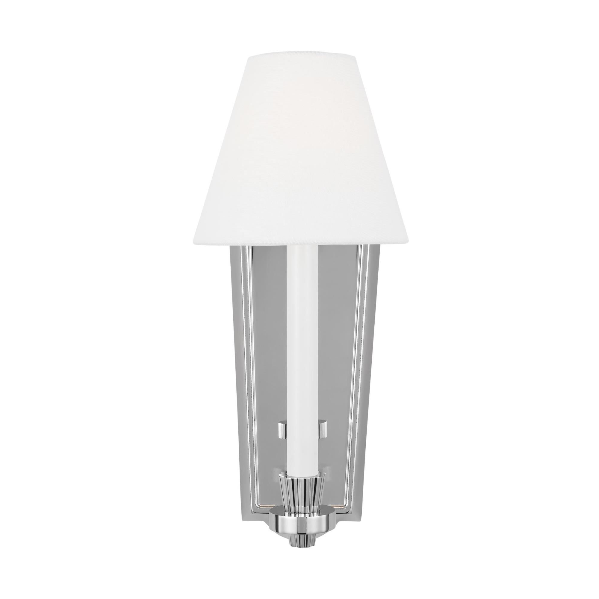 Shown in Polished Nickel finish and White Linen Fabric shade
