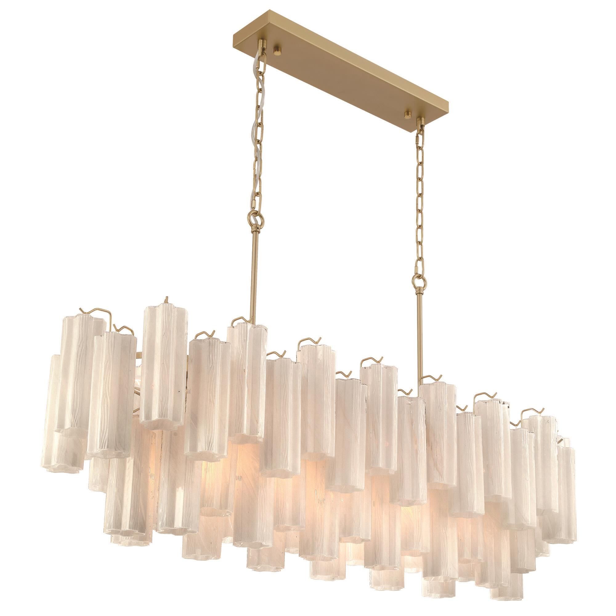 Shown in Brushed Brass finish and Wispy White Tronchi glass