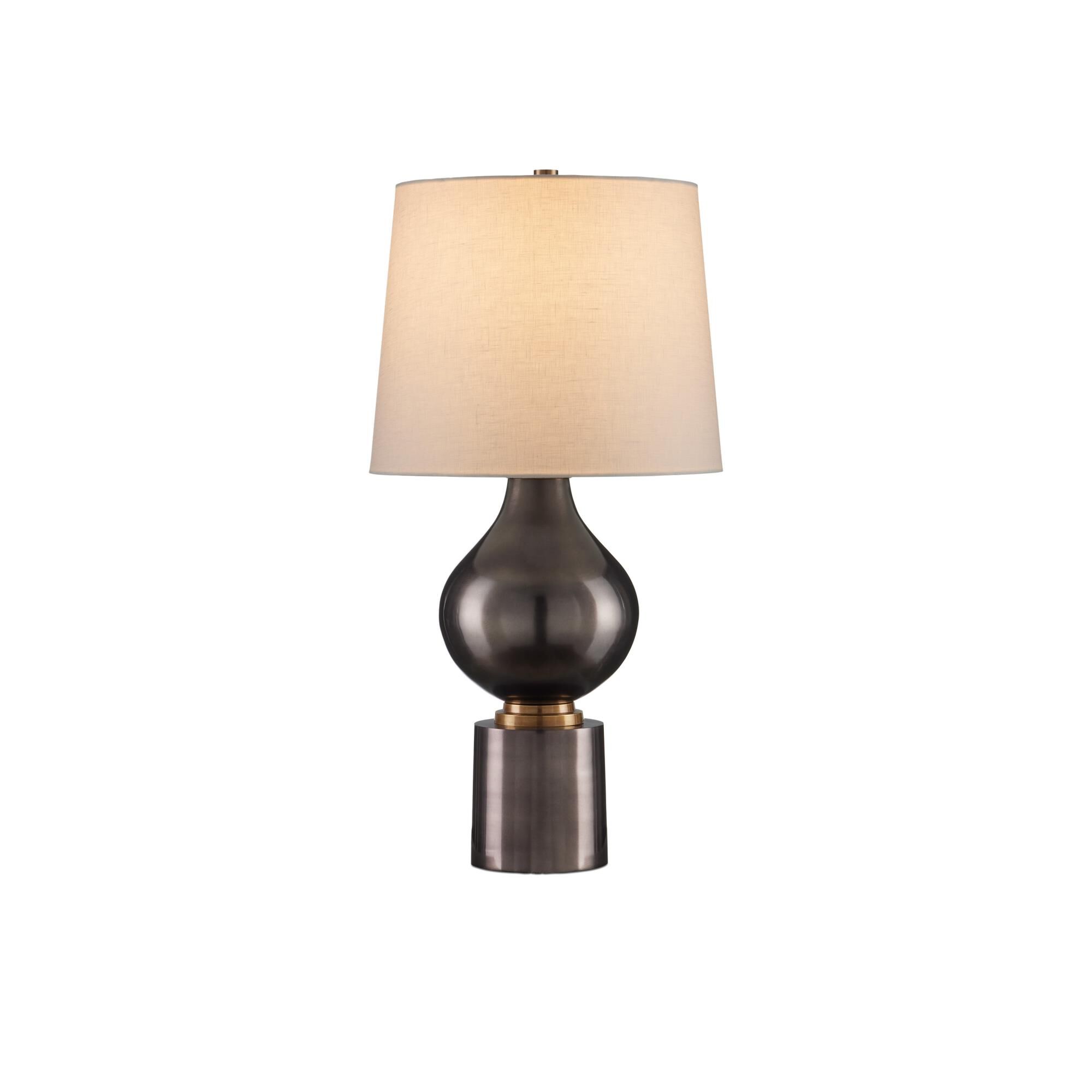 Shown in Black Nickel, Vintage Brass finish and Off-White Linen shade