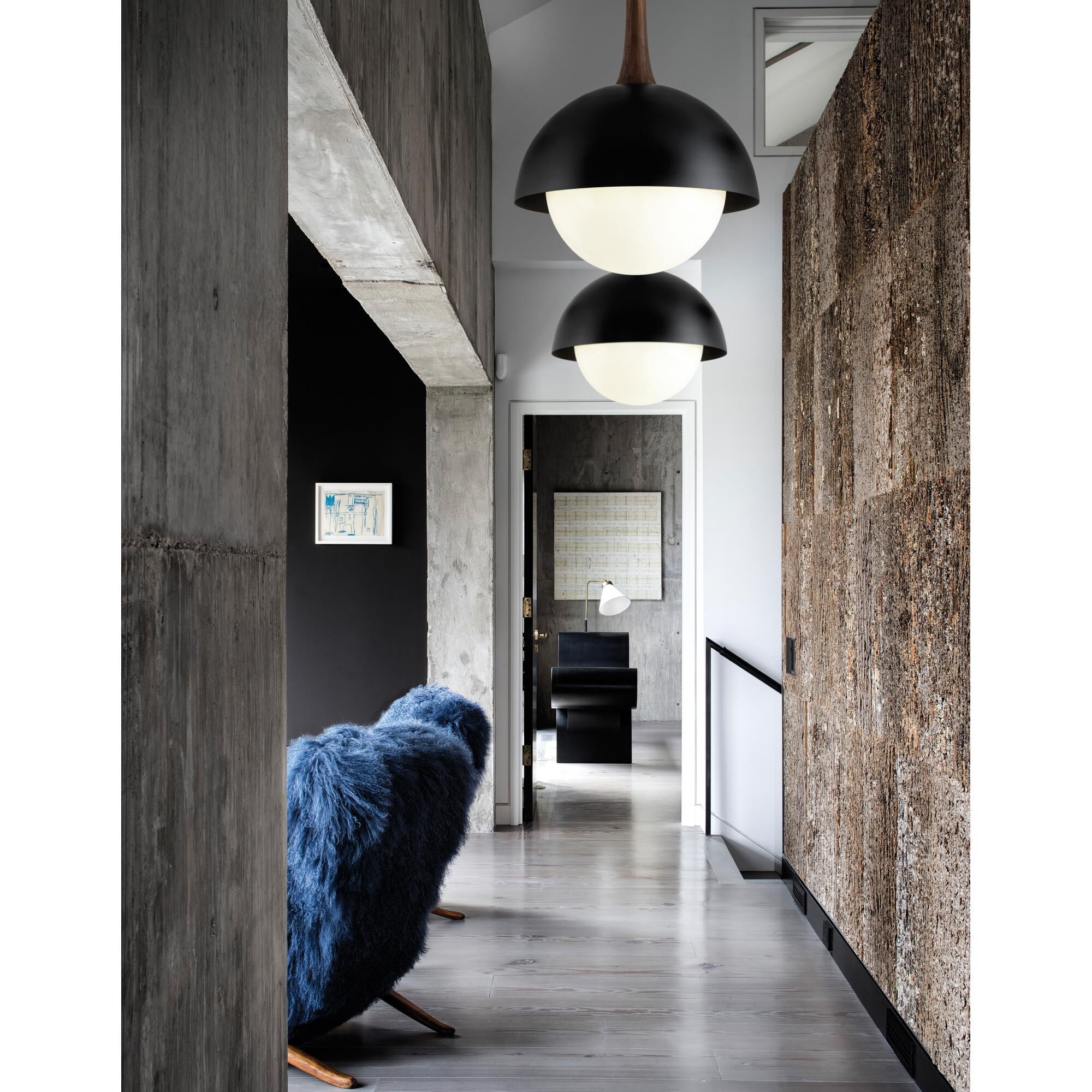 Shown in Black And Natural Acacia finish and White glass and Glass shade