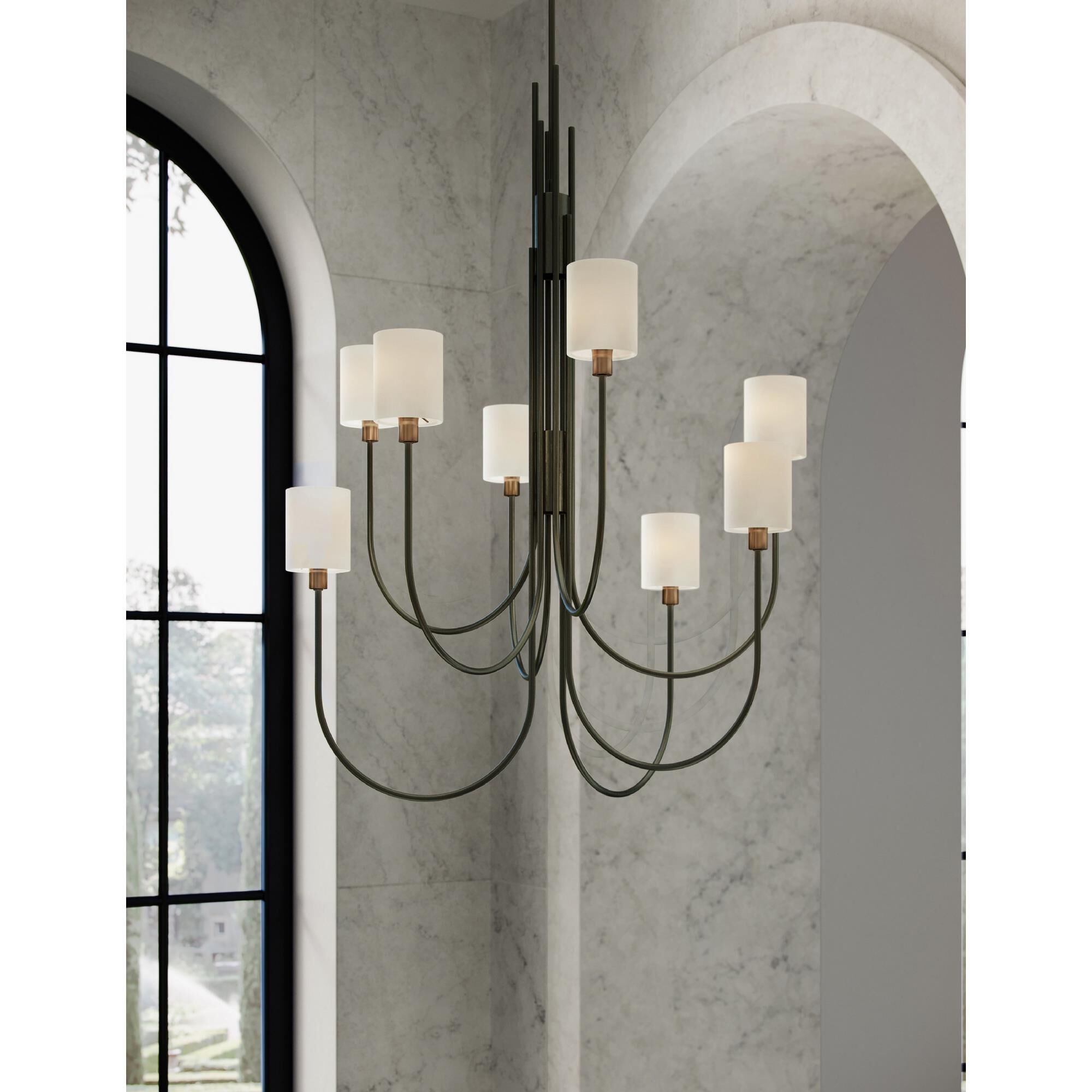 Shown in Statuary Bronze and Antique Brass finish and Off White Linen shade