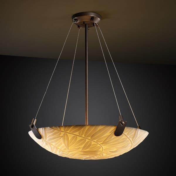 Shown in Dark Bronze finish and Faux Porcelain Resin glass and Bamboo shade and Round Bowl accent