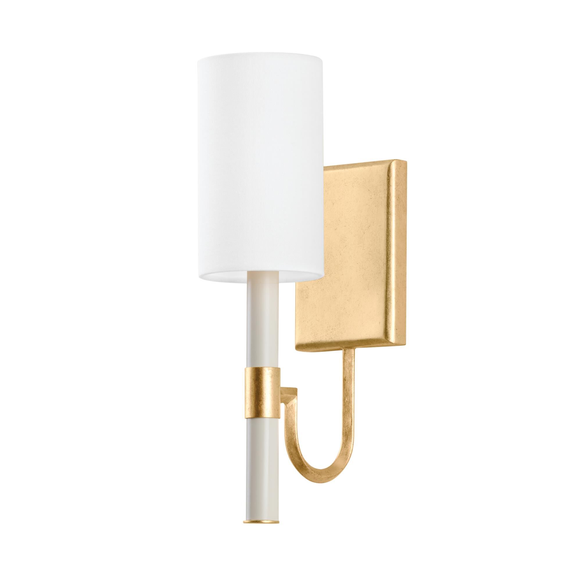 Shown in Vintage Gold Leaf finish and White Linen shade