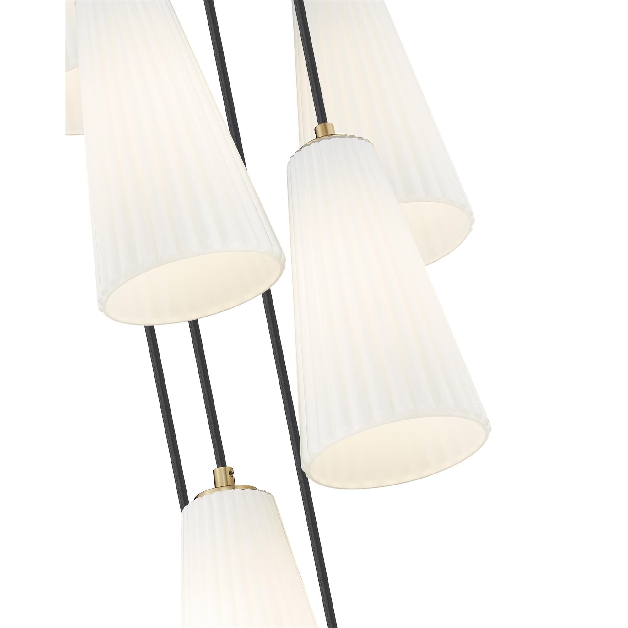 Shown in Modern Gold finish and White glass and White shade