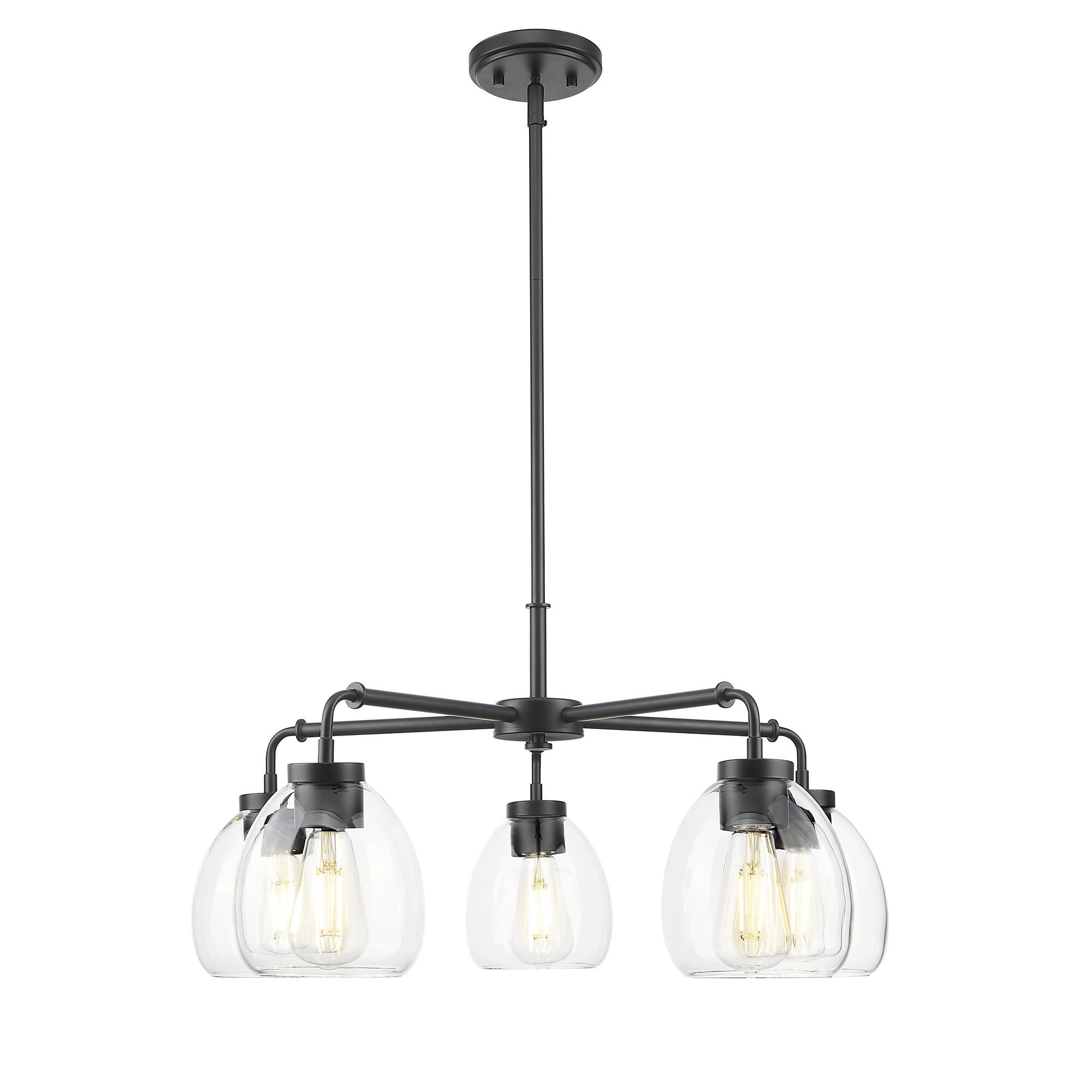 Shown in Matte Black finish and Clear Glass Globes shade