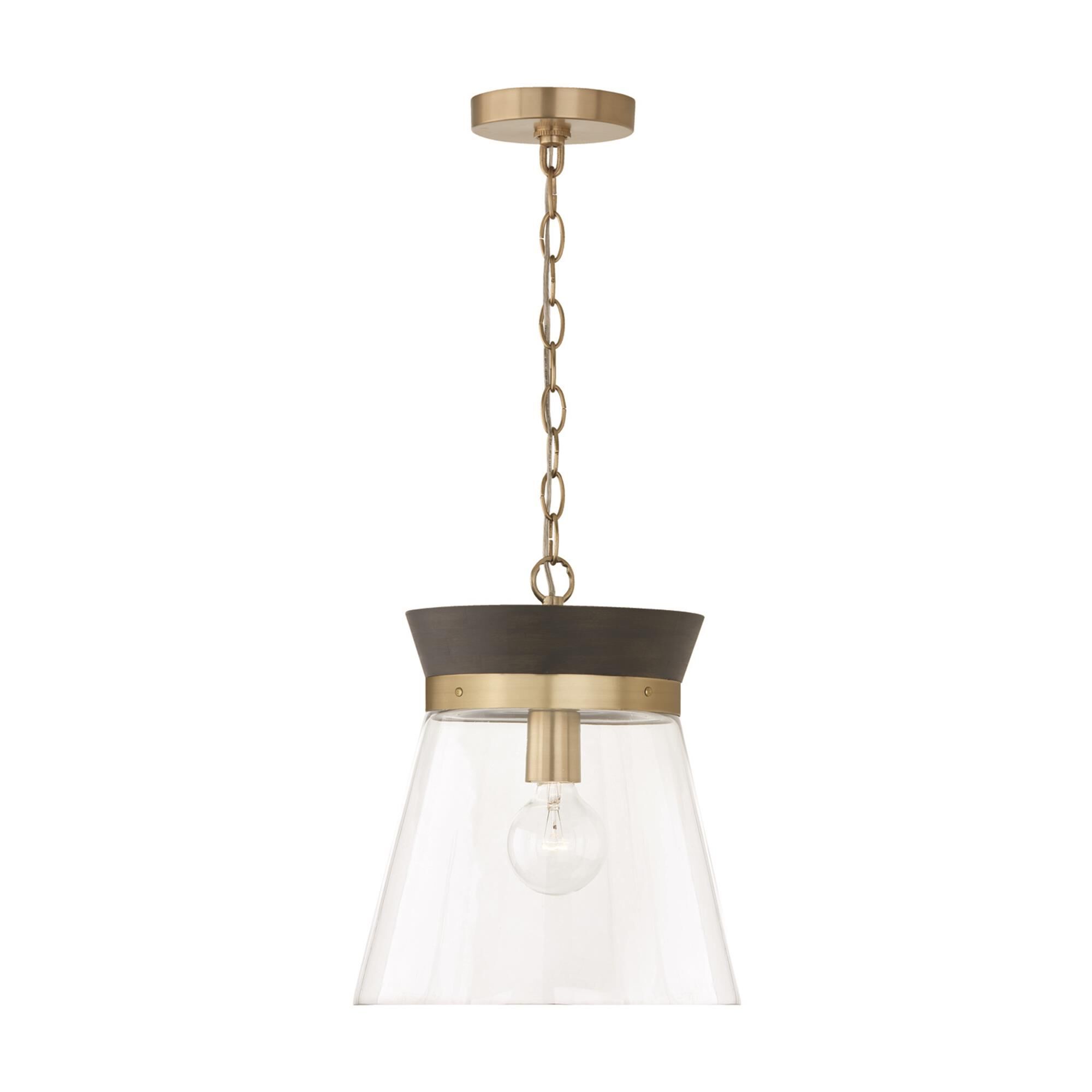 Shown in Black Stain and Matte Brass finish and Clear glass