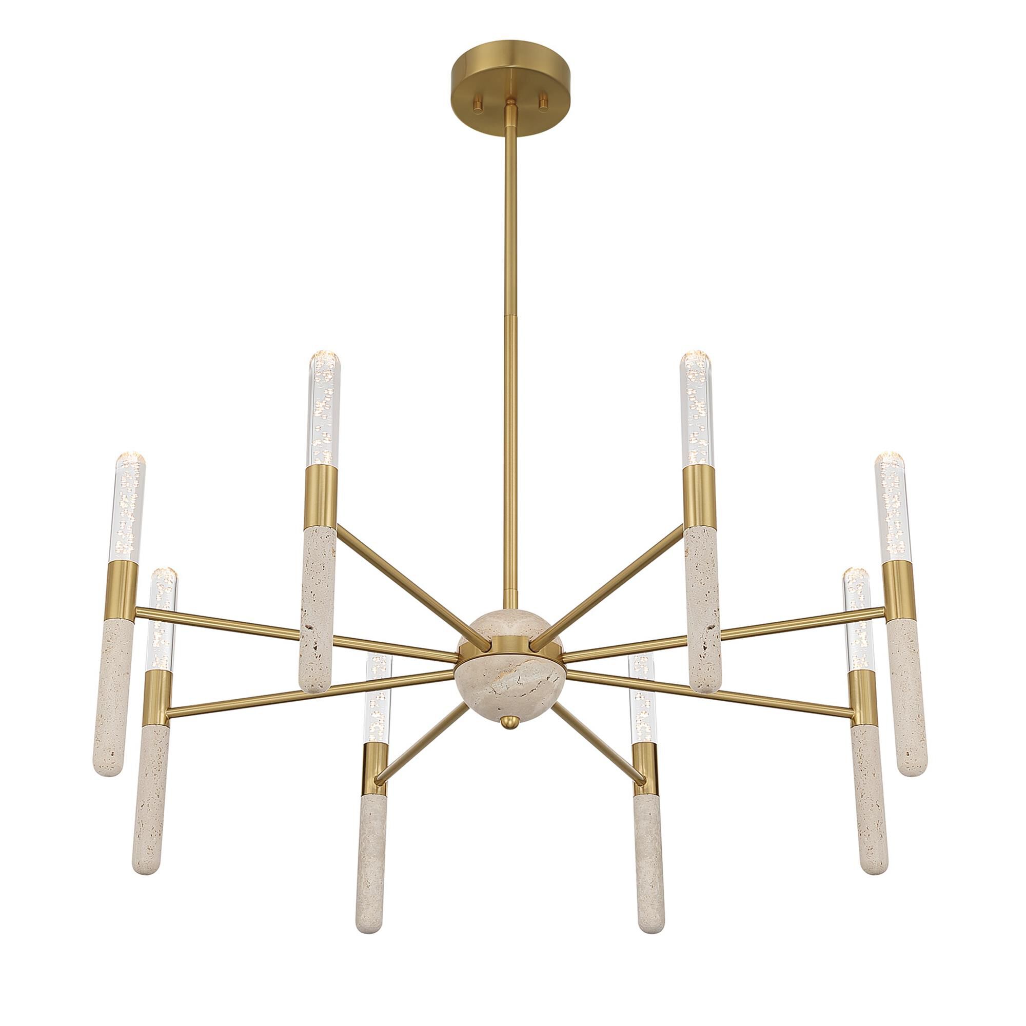 Shown in Warm Brass finish and Clear Seeded glass and Beige Travertine accent