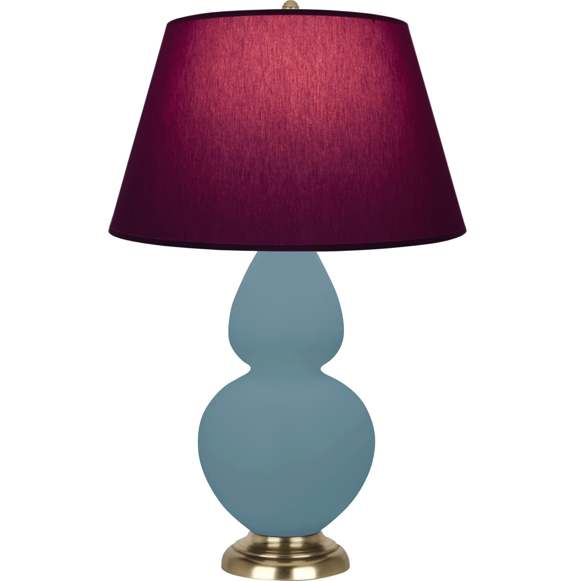 Shown in Matte Steel Blue finish and Plum and Lavender shade and Antique Brass accent