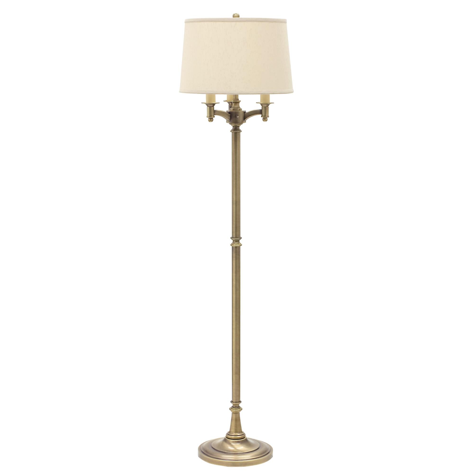 Shown in Antique Brass finish and Off-White Linen Hardback shade