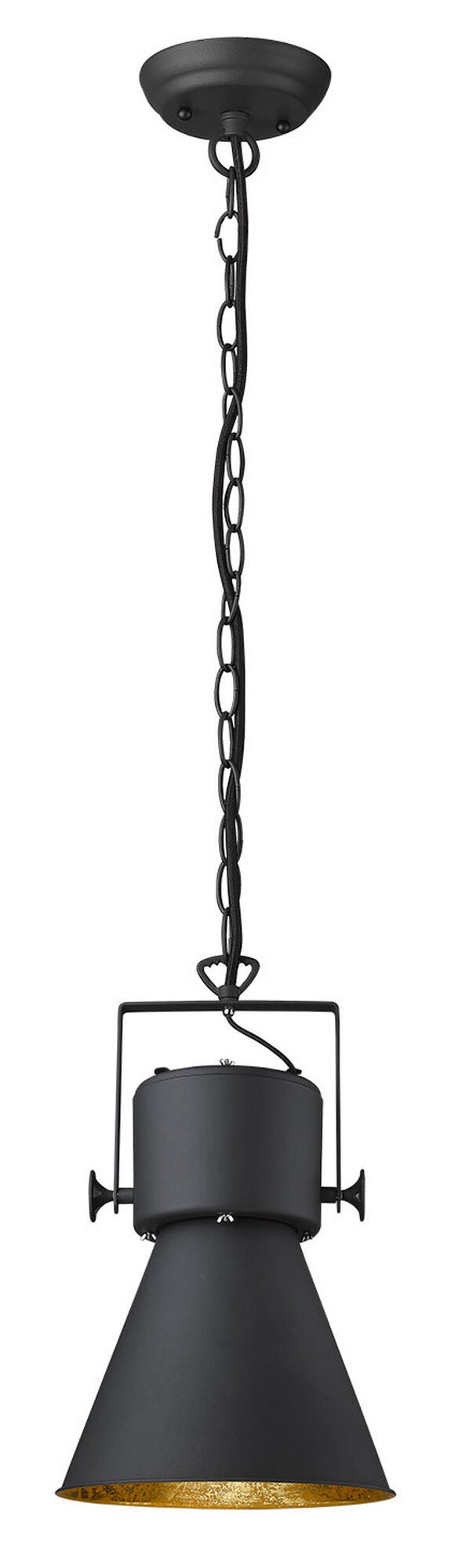 Shown in Matte Black finish and Black glass and Black Metal Cone Shaped  W/ Gold Interior shade