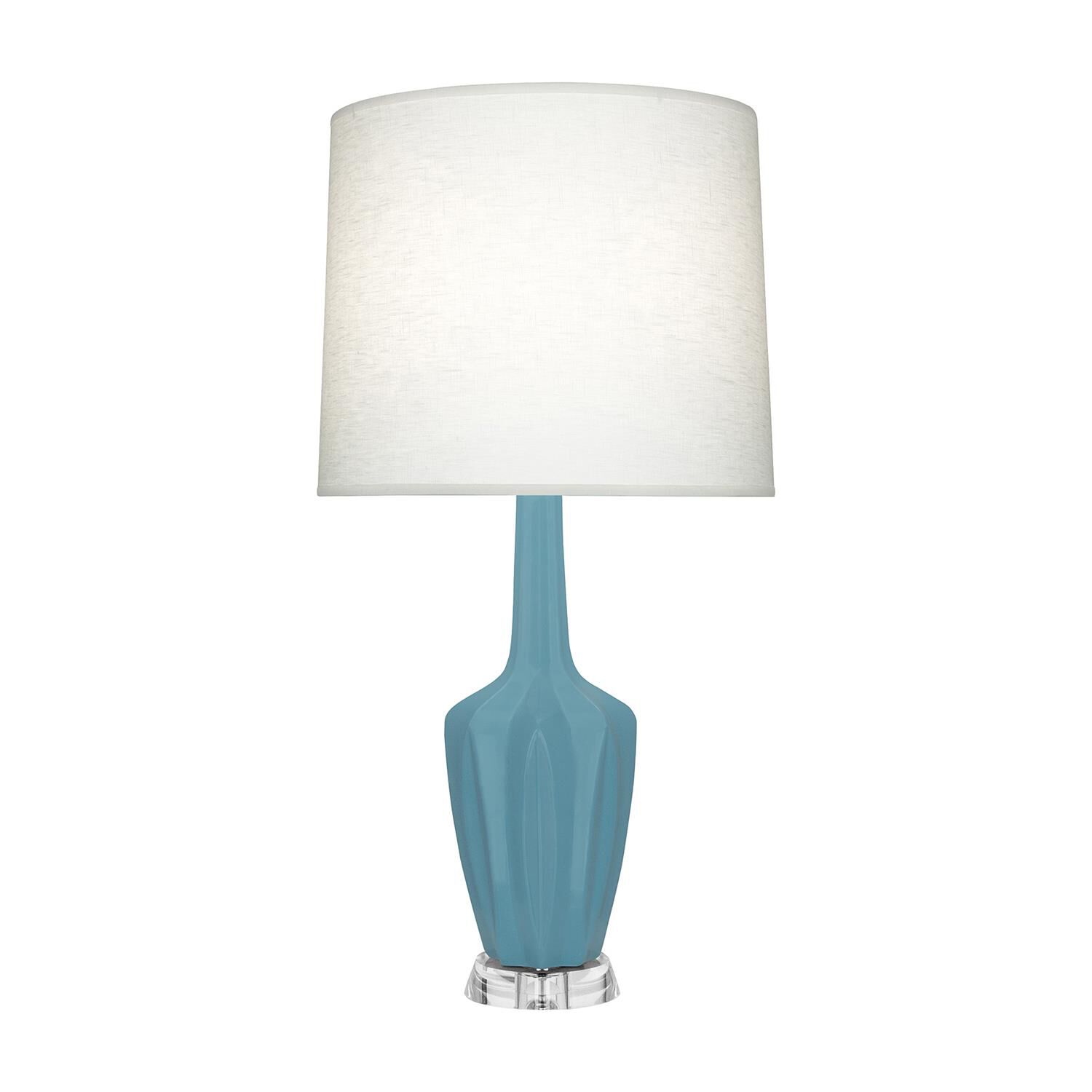 Shown in Matte Steel Blue finish and Off White shade and Polished Nickel with Lucite accent
