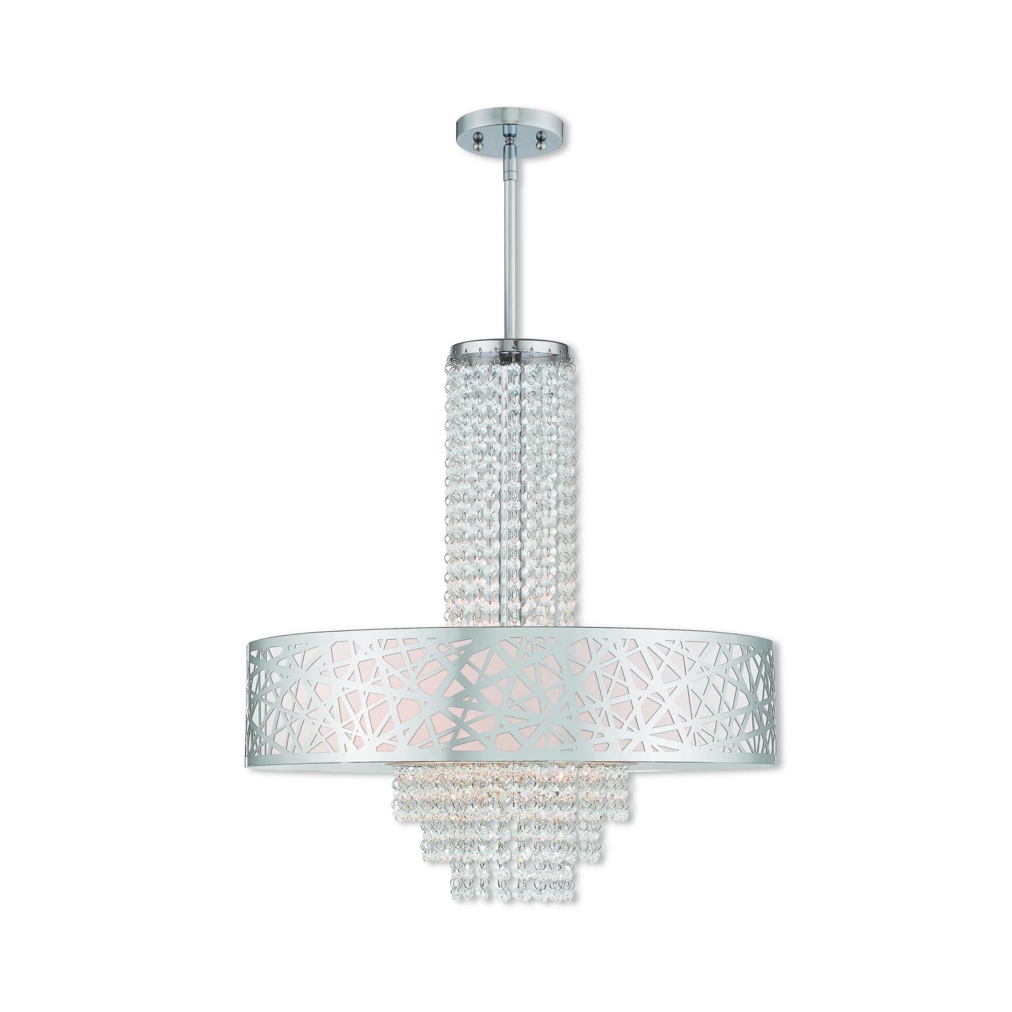 Shown in Polished Chrome finish and Off-White Fabric Hardback  Inside & Clear Crystals shade