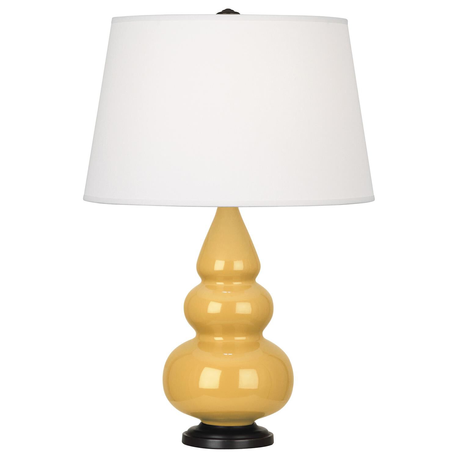 Shown in Sunset Yellow Glazed Ceramic With Lucite Base finish and Pearl Dupioni Fabric shade