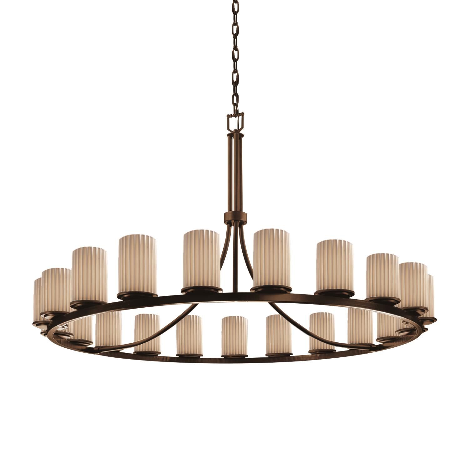 Shown in Dark Bronze finish and Translucent Porcelain glass and Pleats shade and Cylinder with Flat Rim (POR) accent