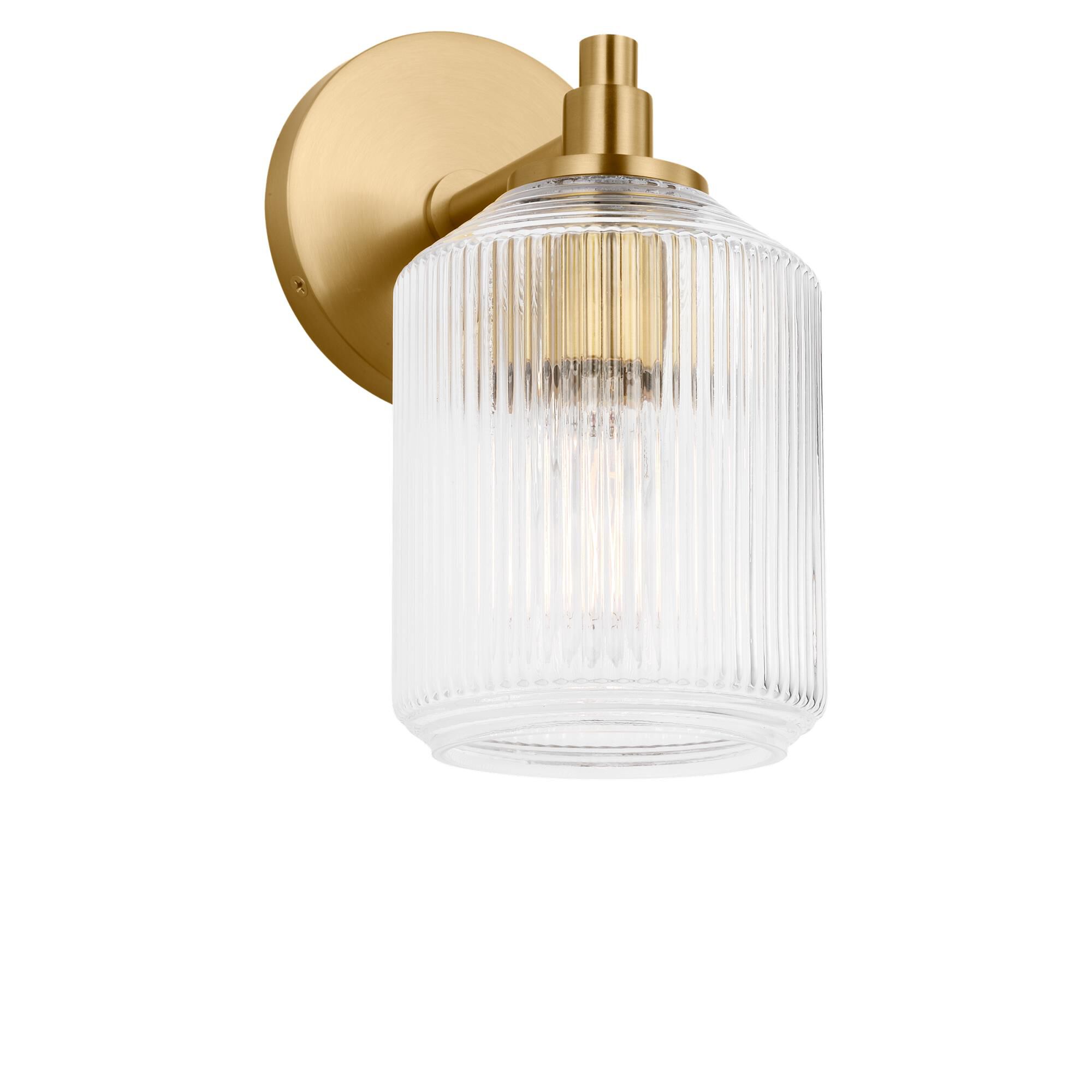 Shown in Burnished Brass finish and Clear Ribbed glass