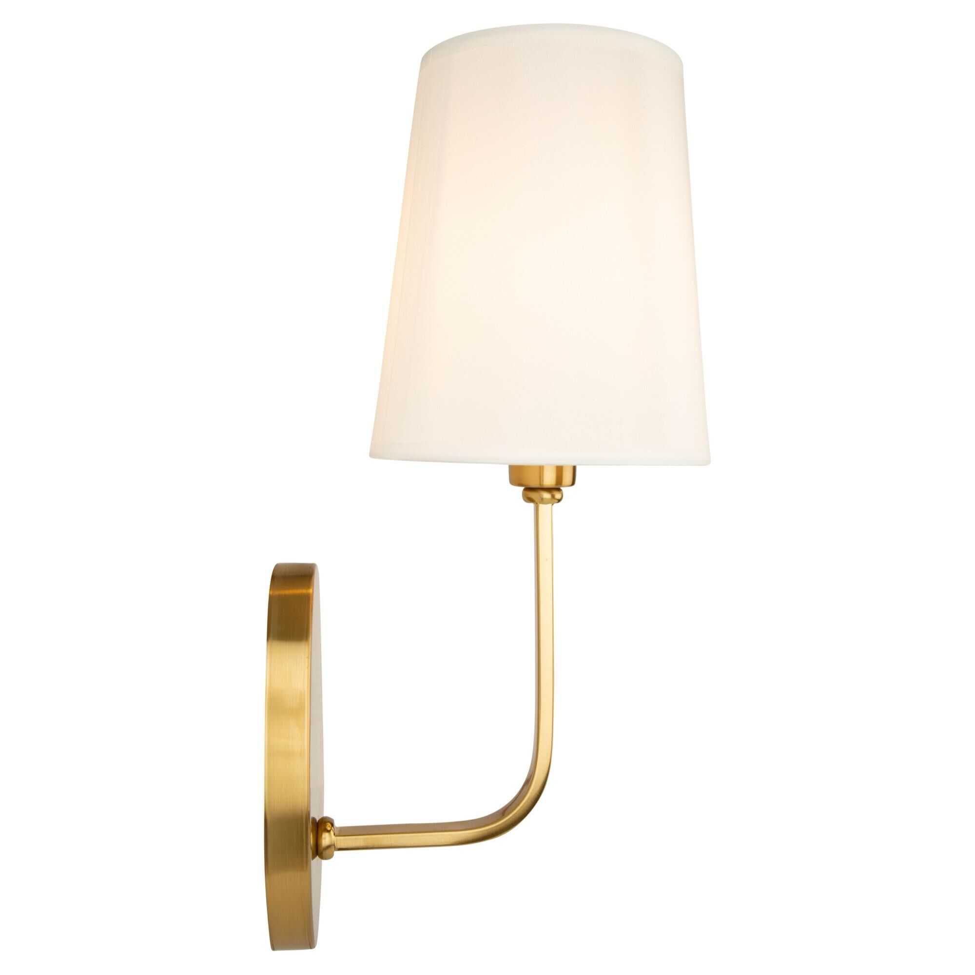 Shown in Brushed Gold finish and White Linen shade