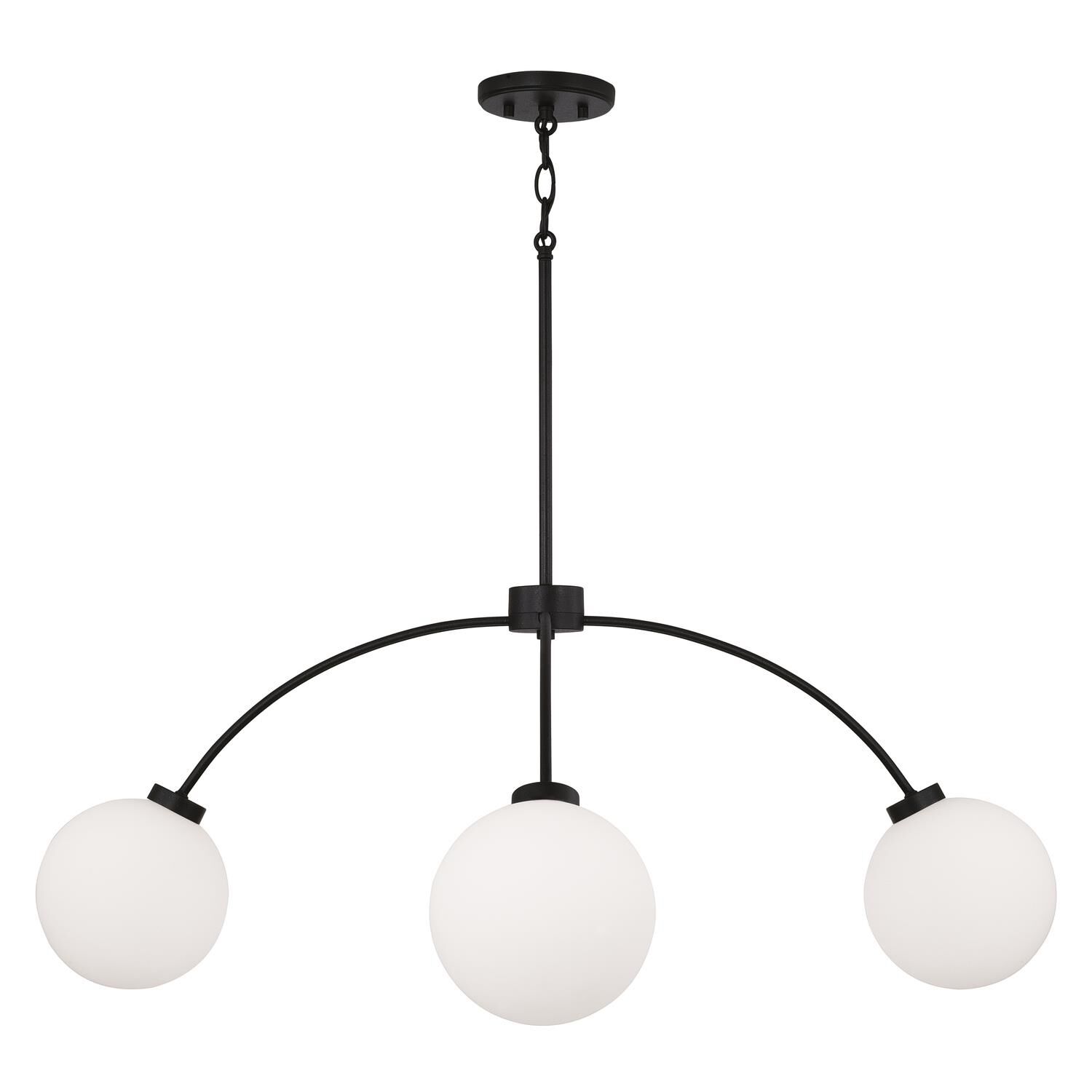 Shown in Black Iron finish and Soft White glass