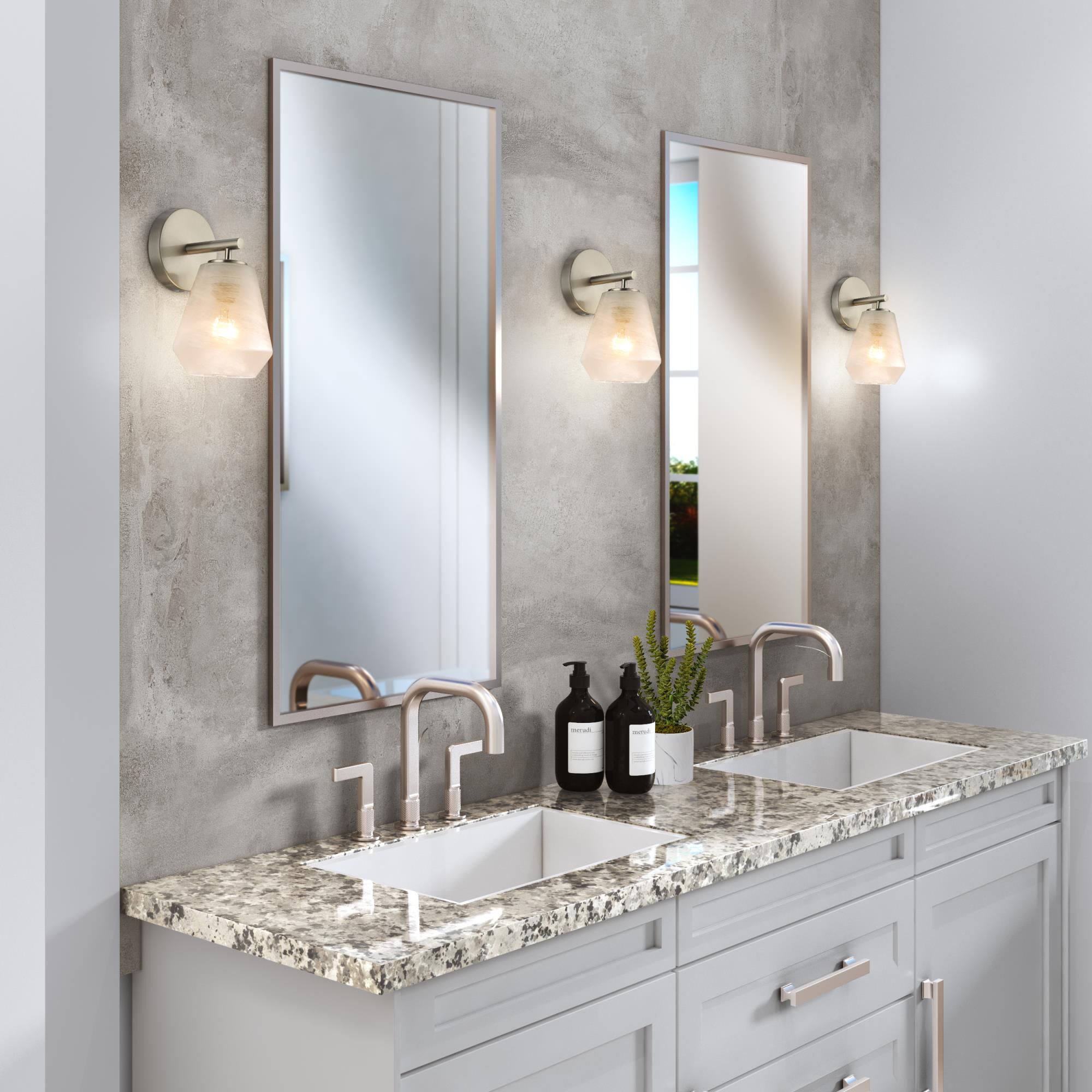 Shown in Brushed Nickel finish and Wispy White glass