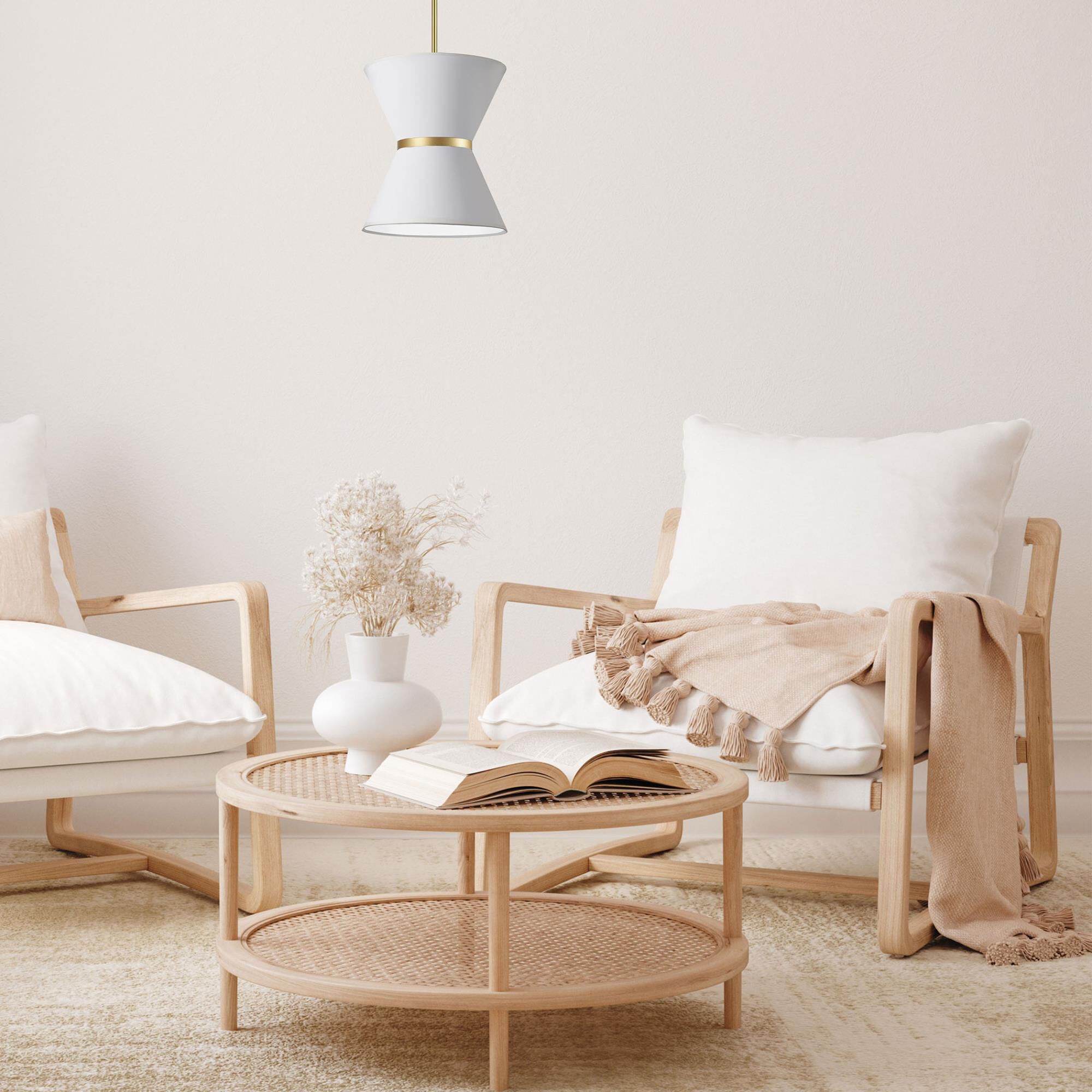 Shown in White and Aged Brass finish and White Fabric Tapered Drum shade