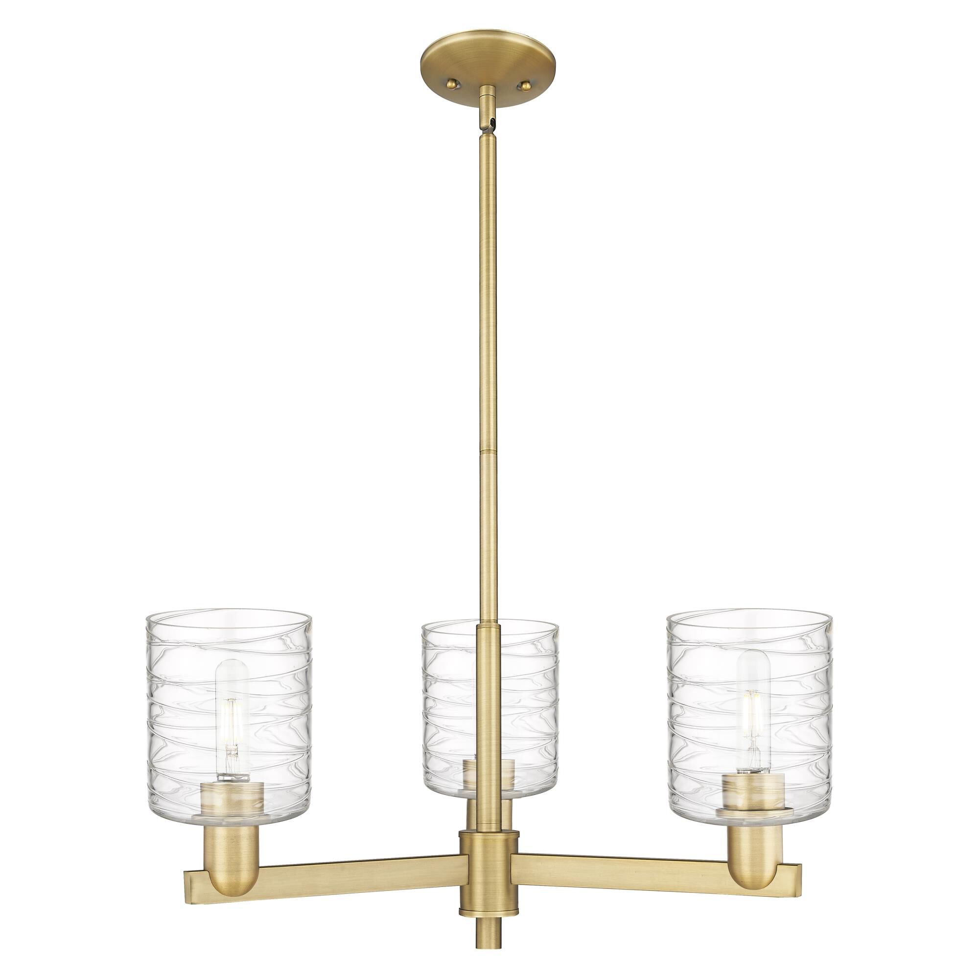 Shown in Brushed Brass finish and Deco Swirl glass