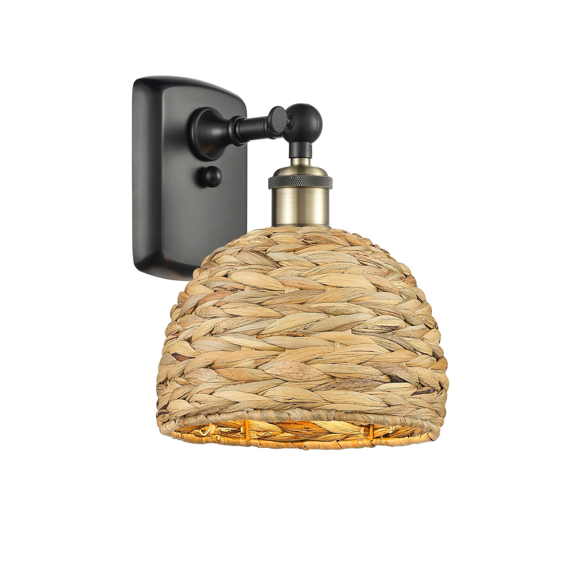 Shown in Black Antique Brass finish and Natural shade