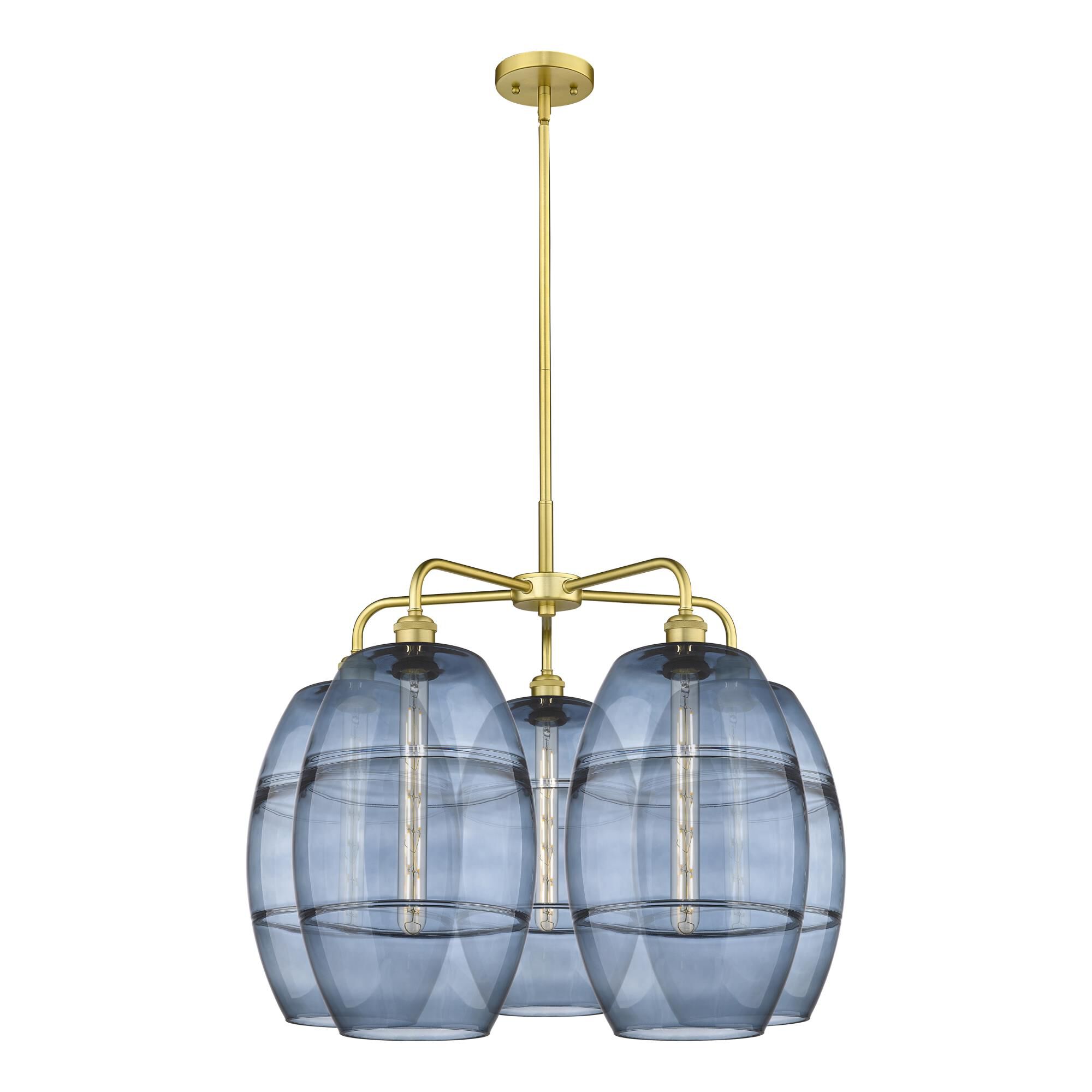 Shown in Satin Gold finish and Princess Blue glass